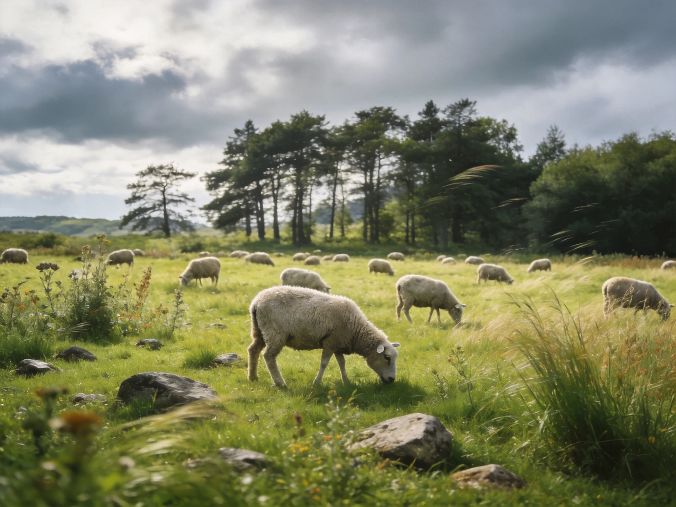 Sheep grazing in a lush green meadow with scattered rocks and trees