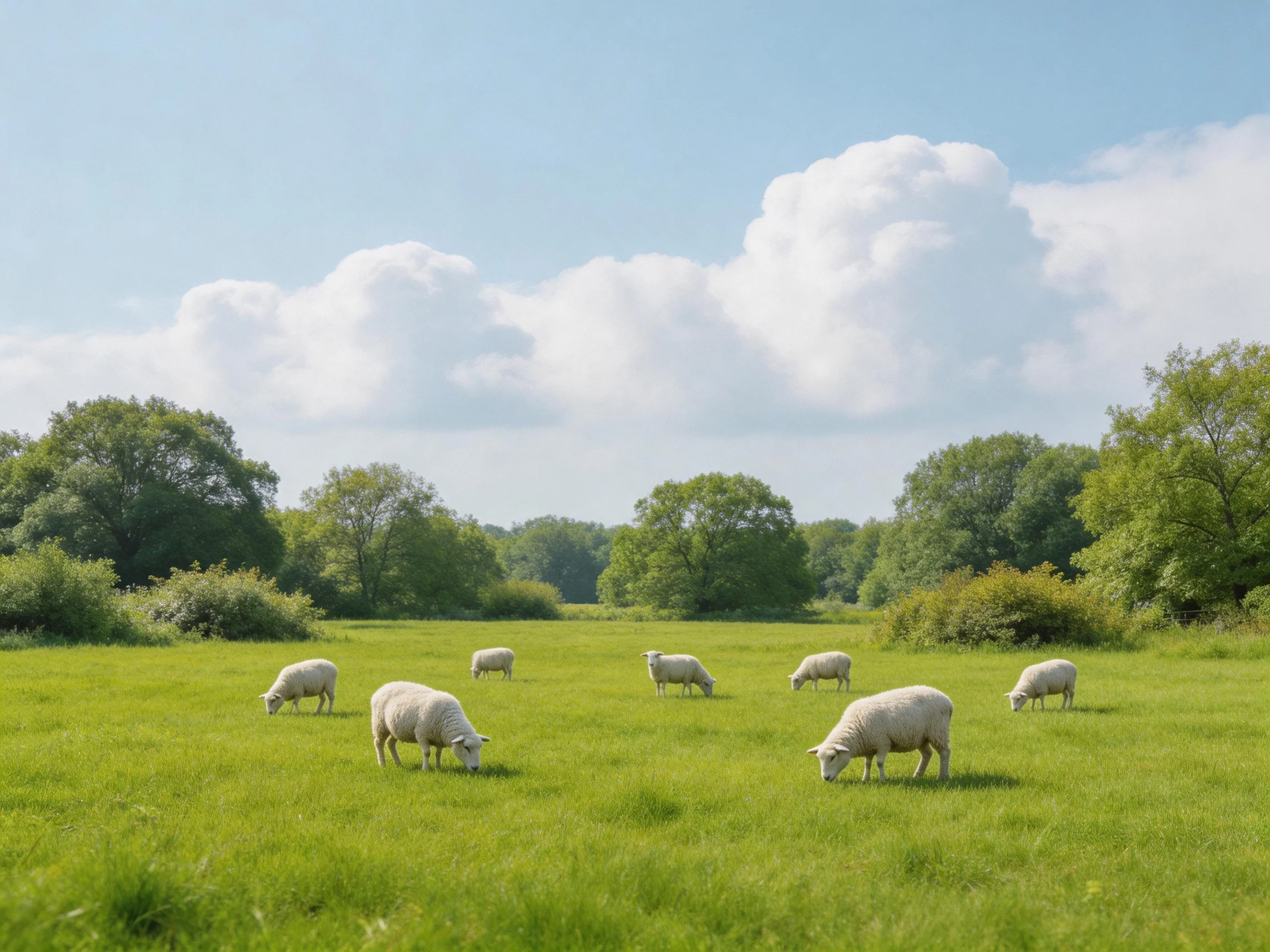 Sheep grazing in a lush green meadow with scattered trees