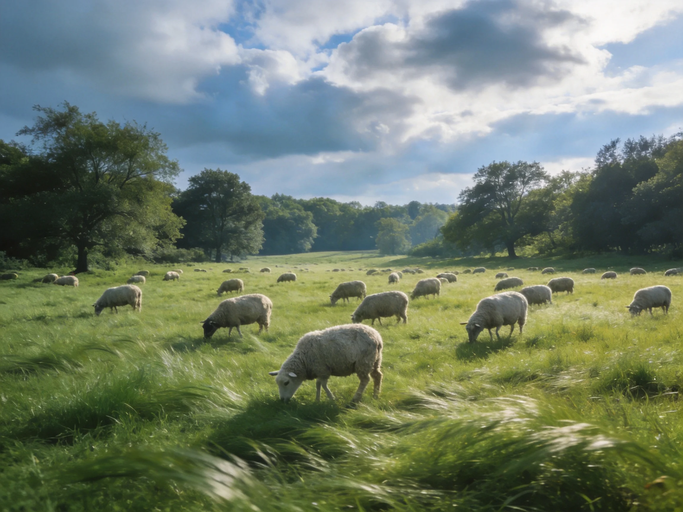 Sheep grazing in a lush green meadow with scattered trees