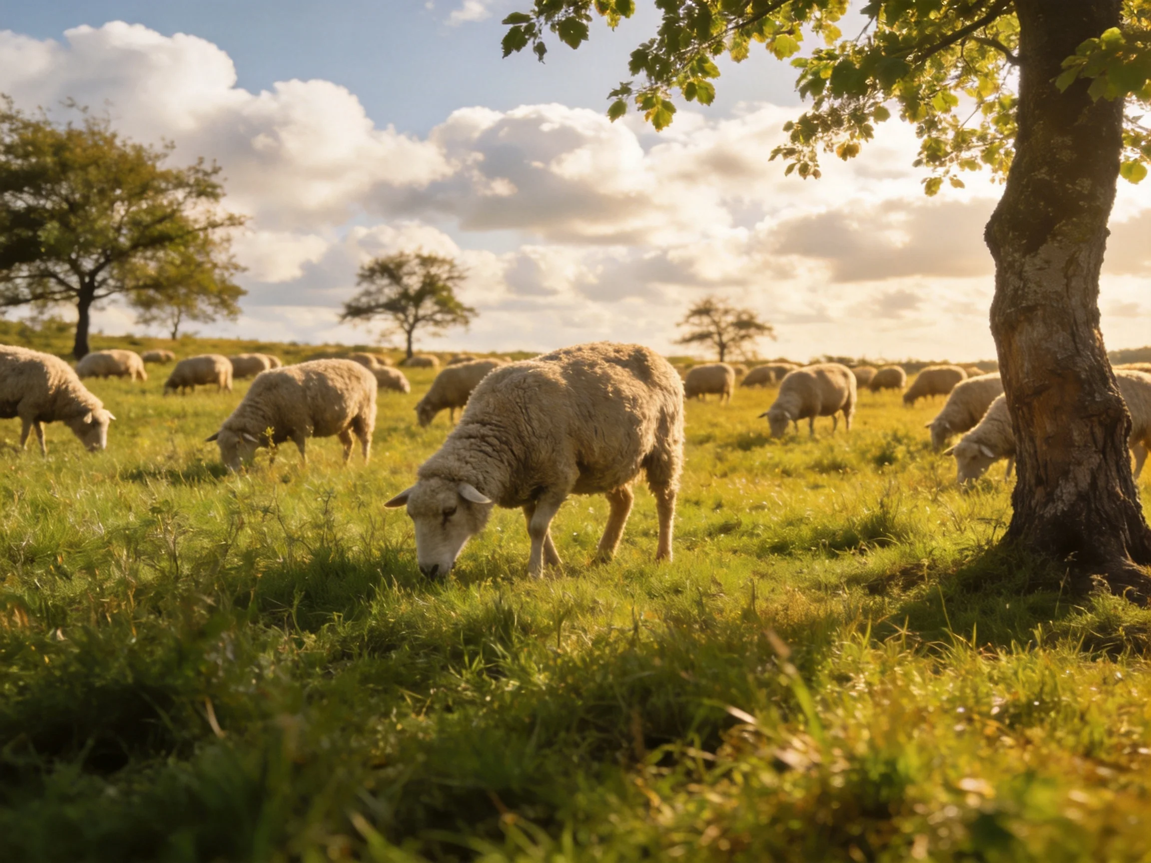 Sheep grazing in a lush green meadow with scattered trees under golden sunlight