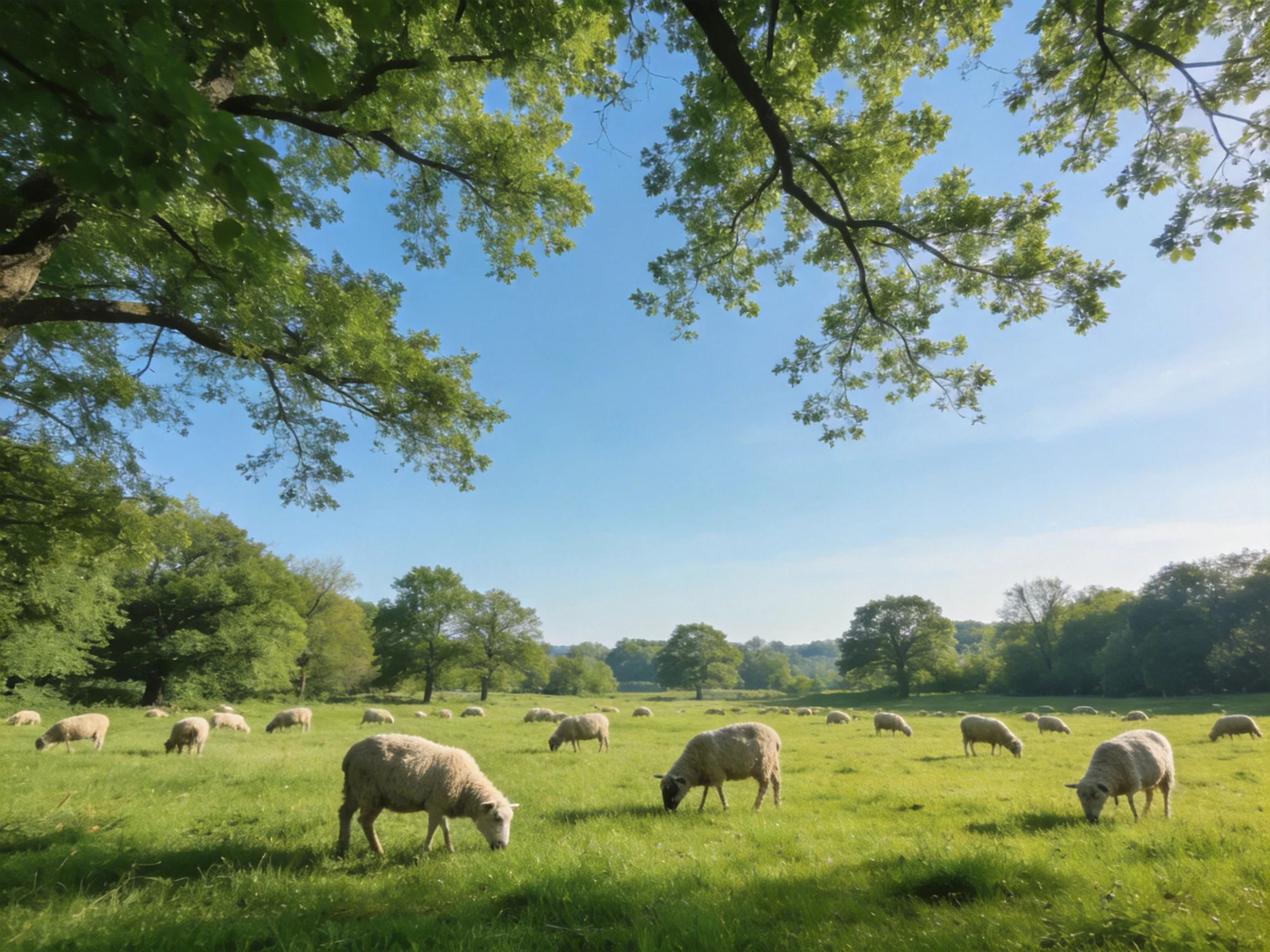 Sheep grazing in a lush green meadow with tall trees overhead