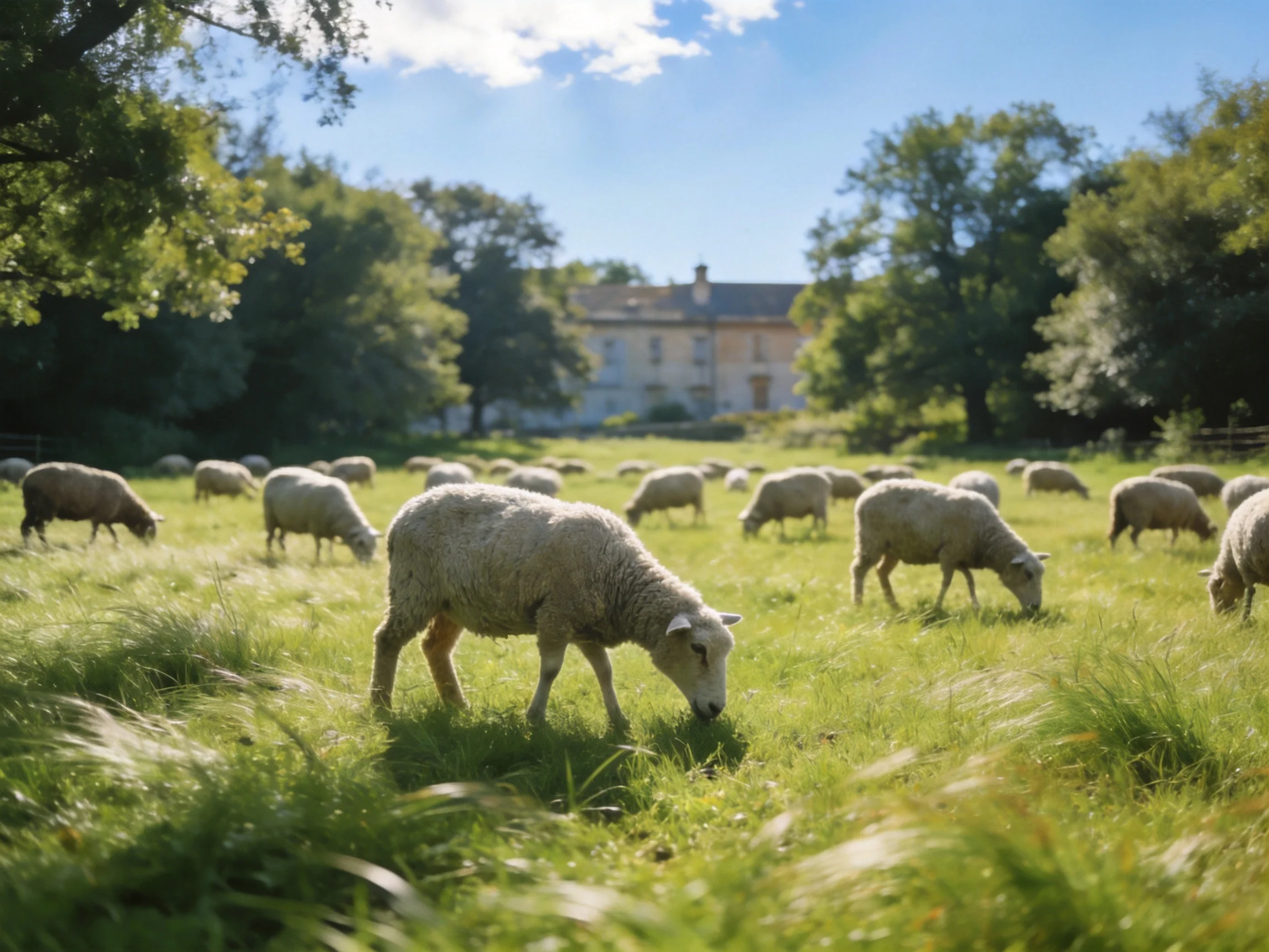 Sheep grazing in a lush green meadow with trees and a large house