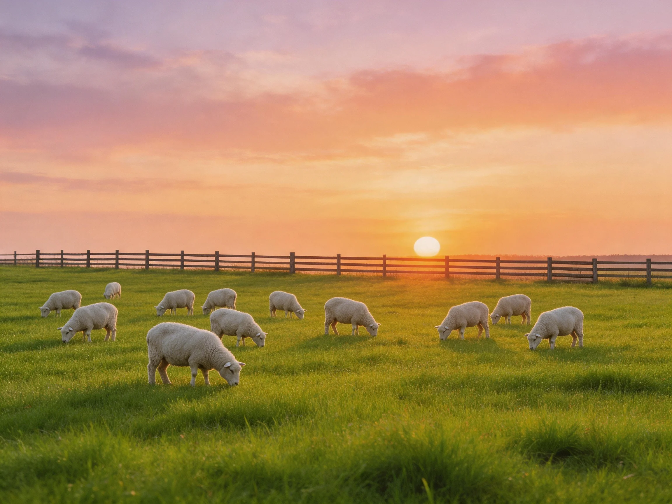Sheep grazing in a lush green pasture at sunset