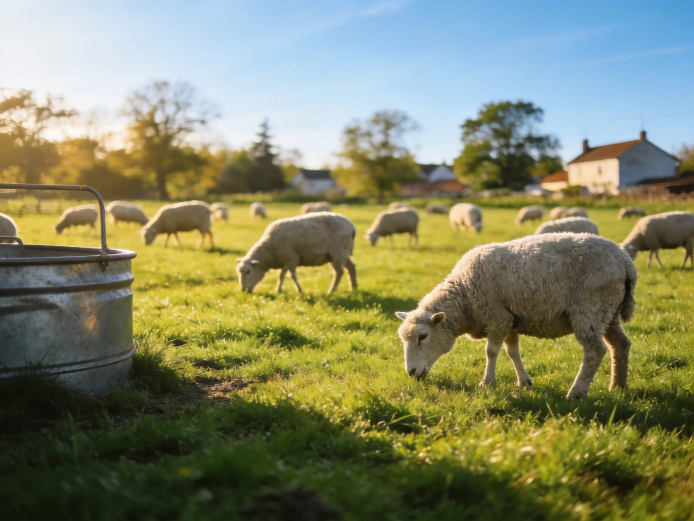 Sheep grazing in a lush green pasture near farm buildings