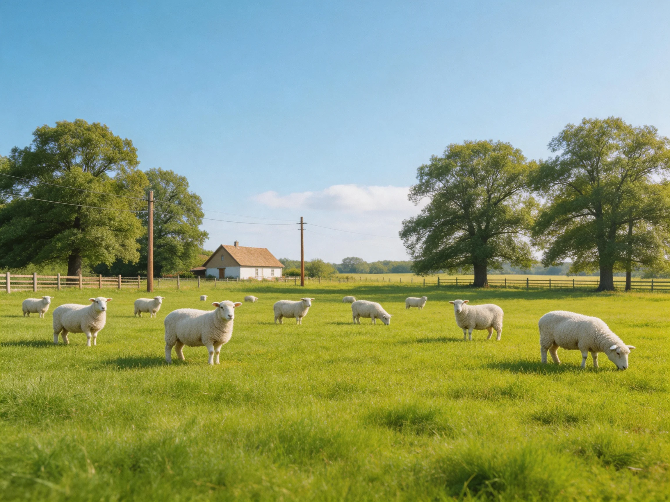 Sheep grazing in a lush green pasture near large trees