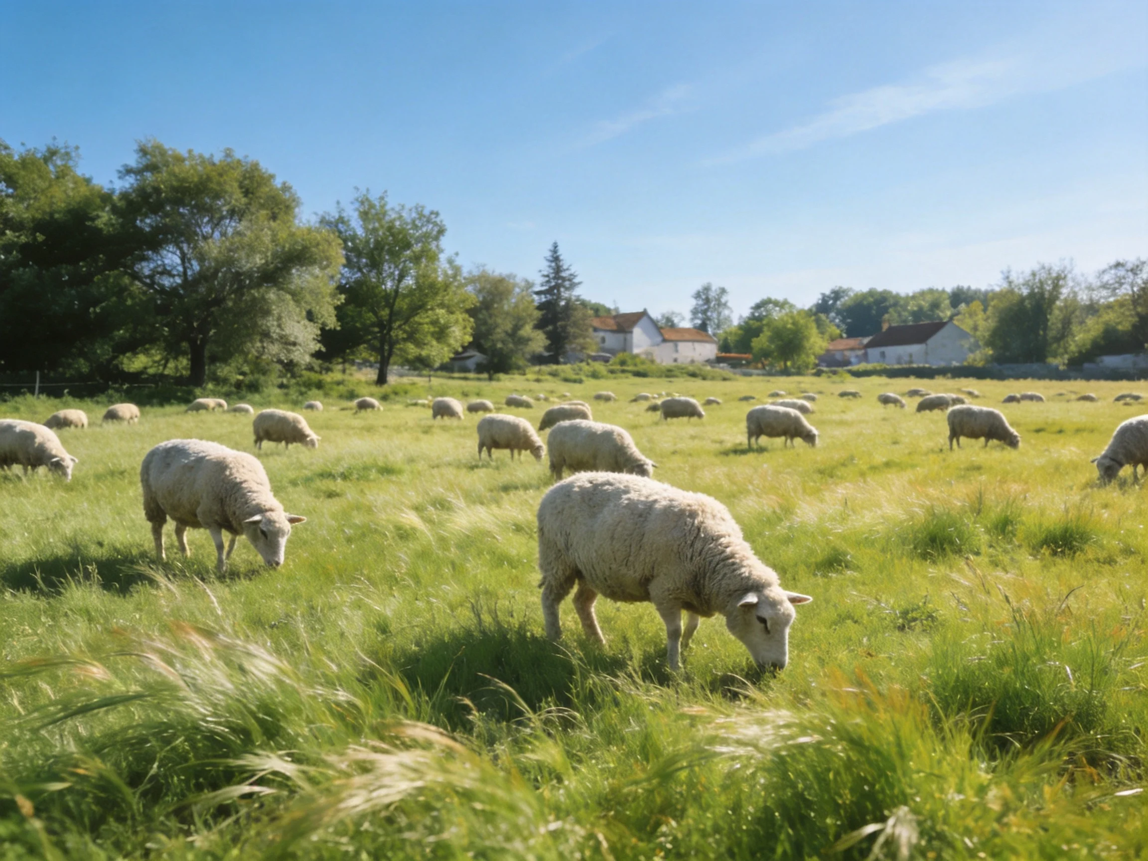 Sheep grazing in a lush green pasture near rural homes