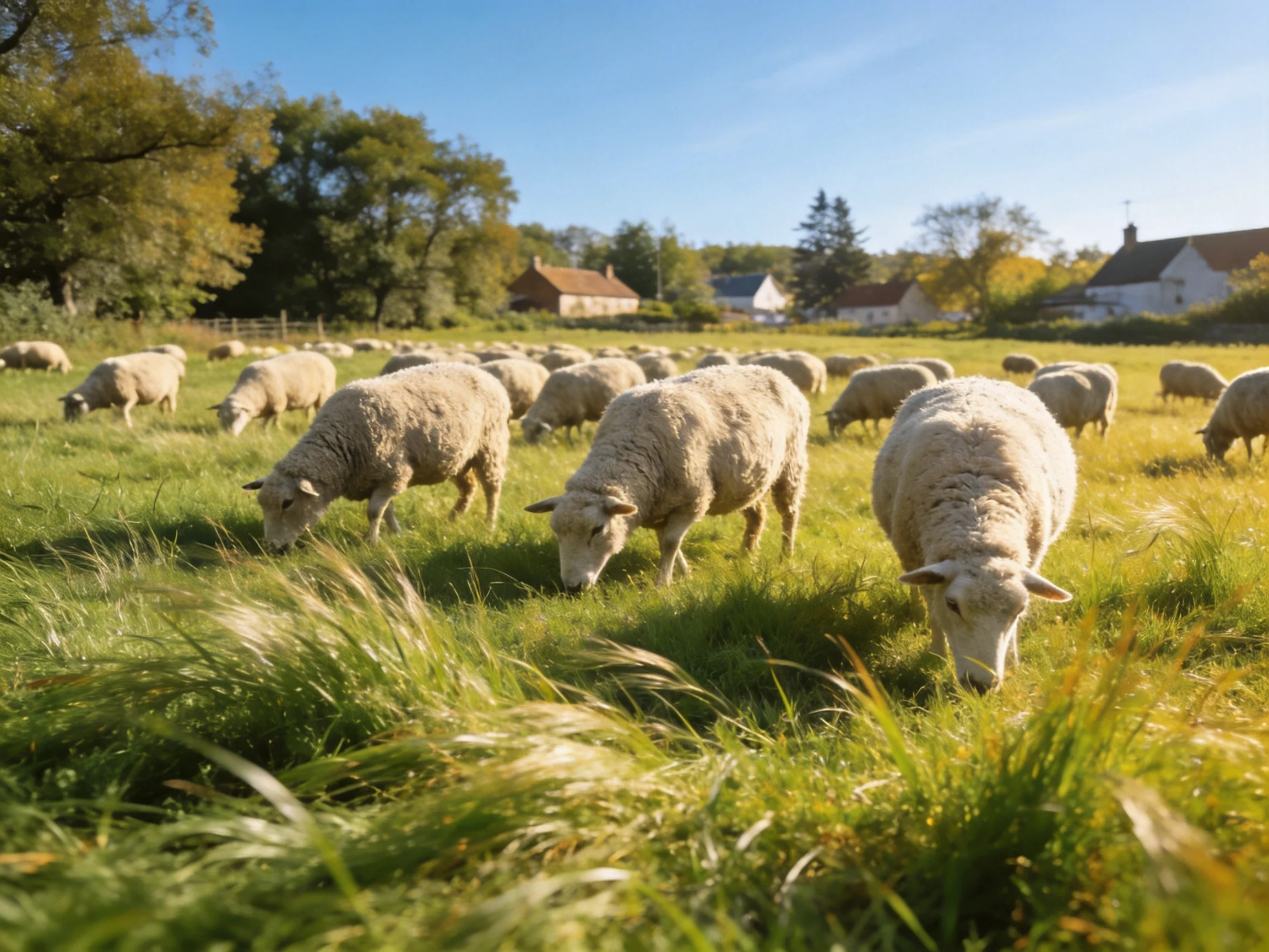 Sheep grazing in a lush green pasture near rural homes