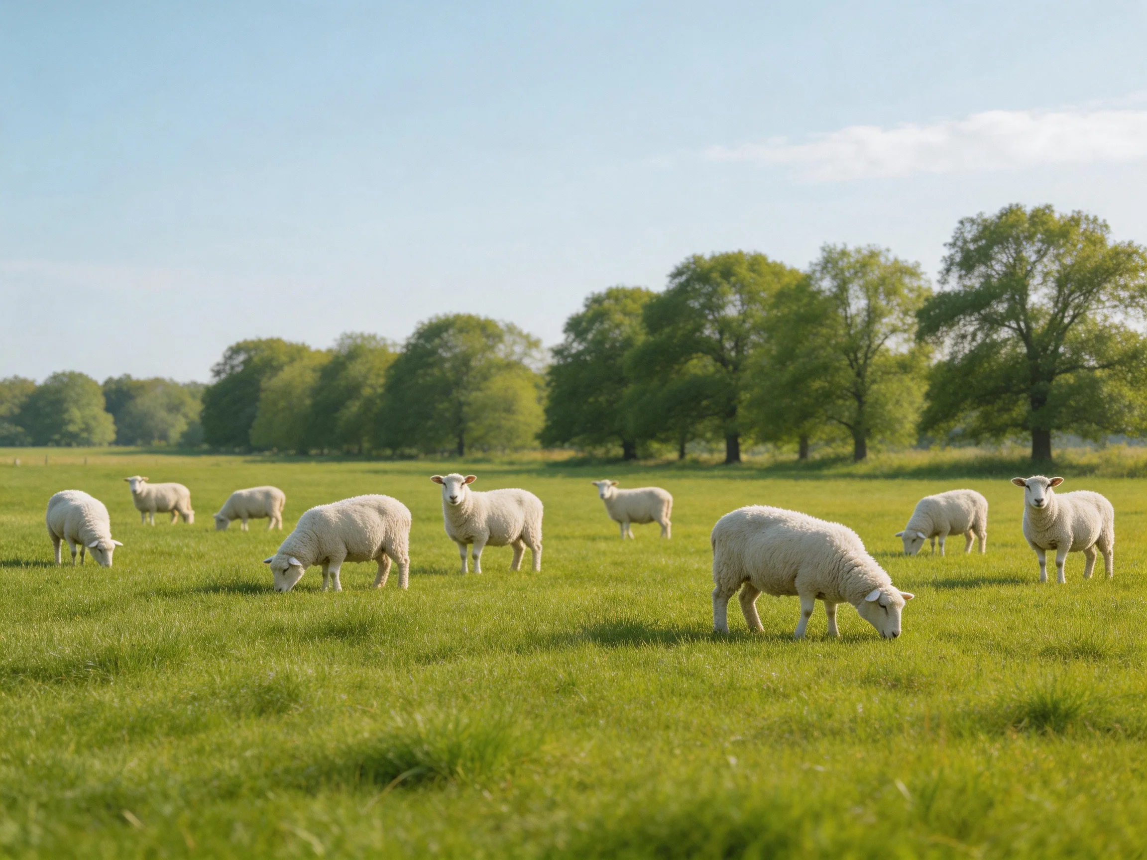 Sheep grazing in a lush green pasture near tall leafy trees