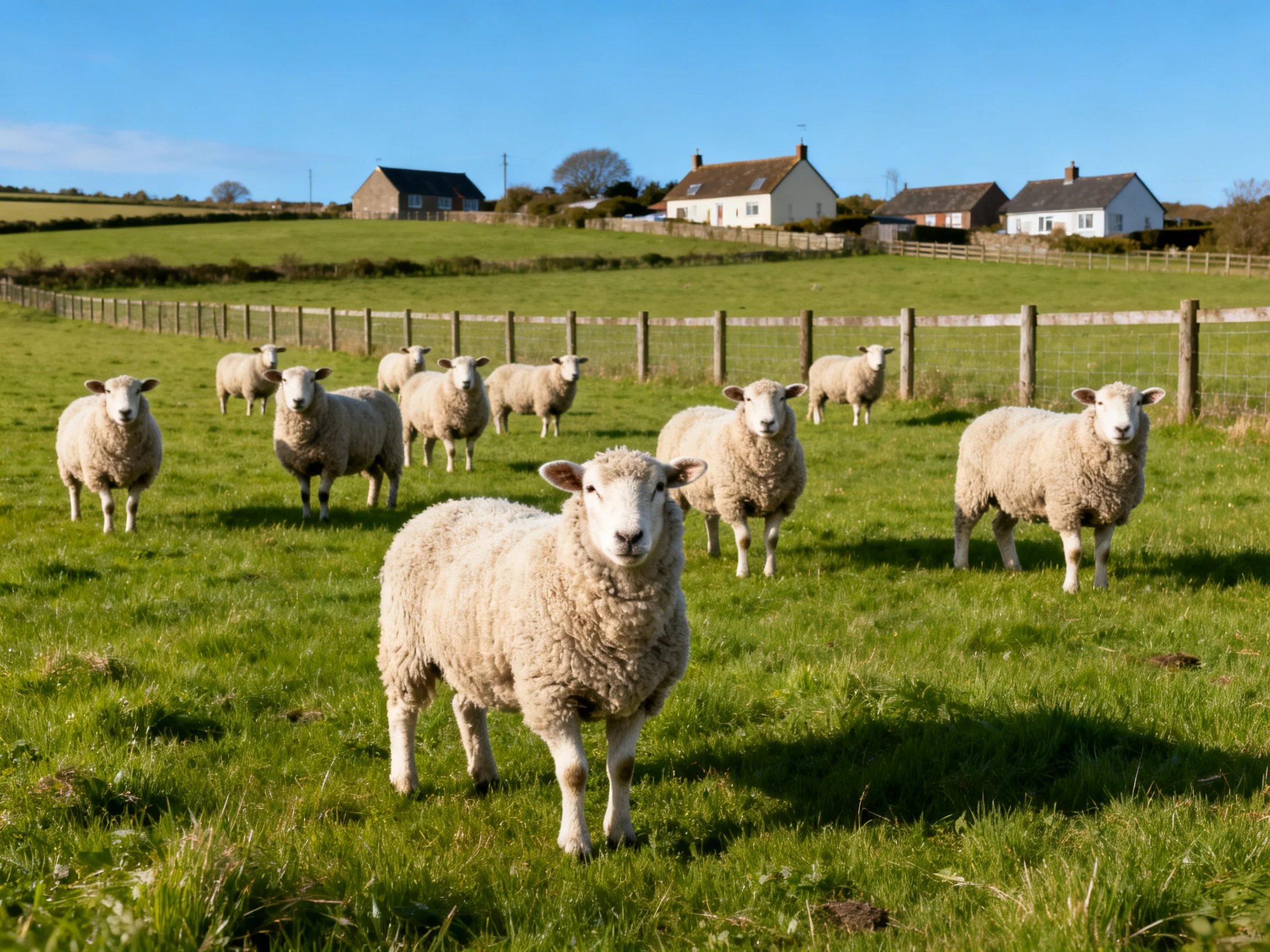 Sheep grazing in a lush green pasture near white cottages