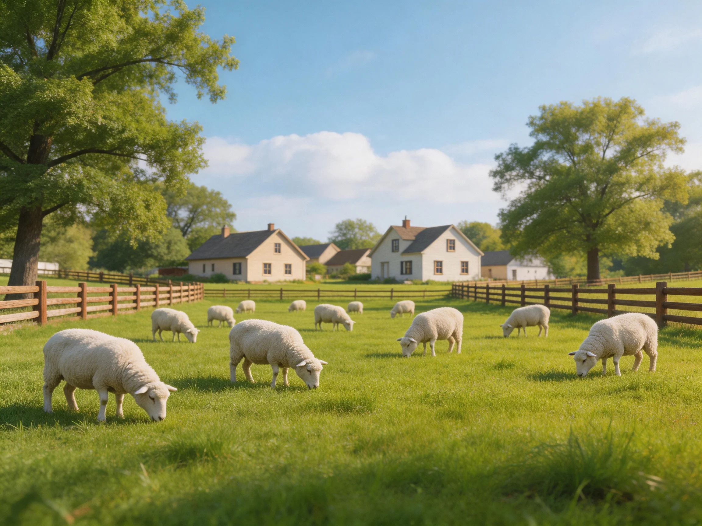 Sheep grazing in a lush green pasture near white farmhouses