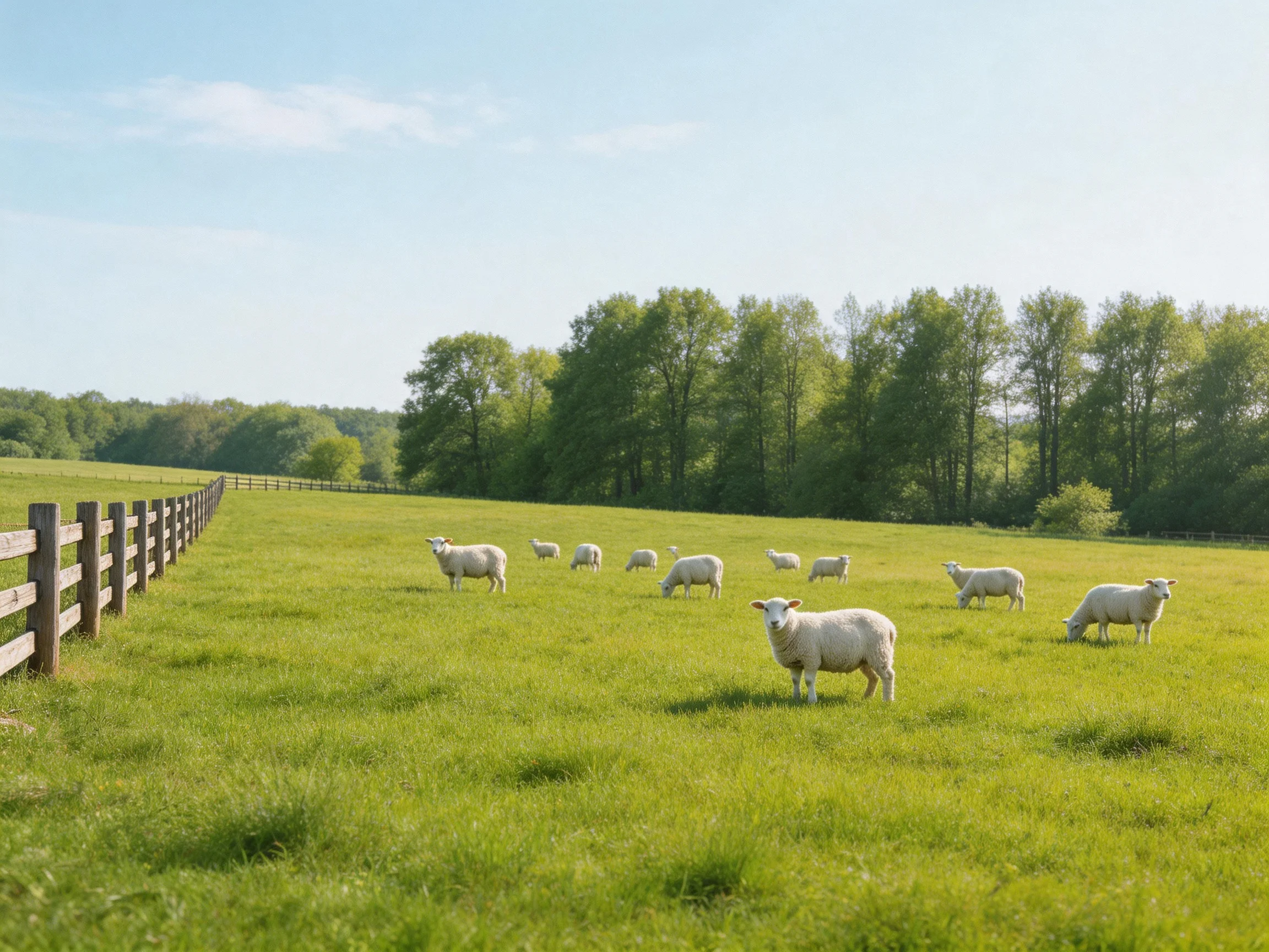 Sheep grazing in a lush green pasture near wooden fence