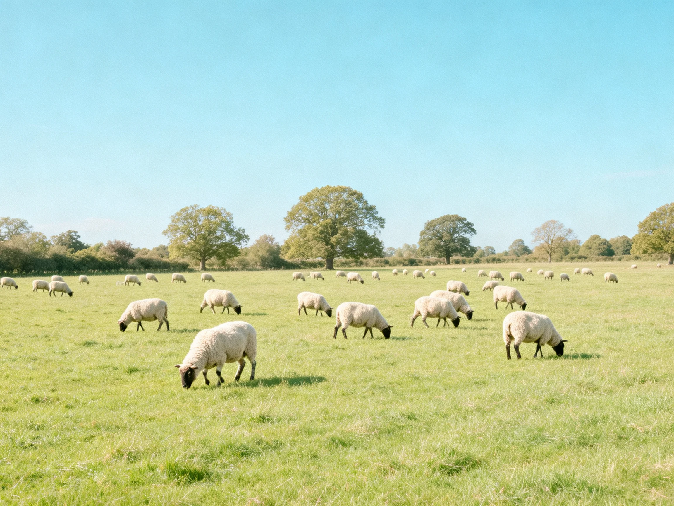 Sheep grazing in a lush green pasture under a clear blue sky