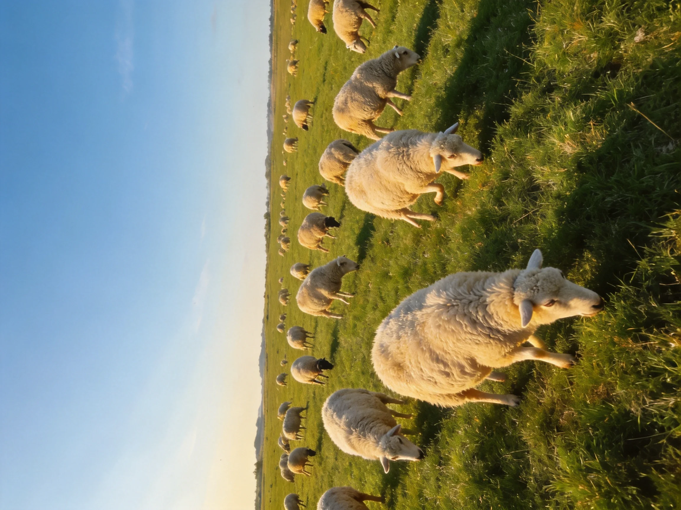 Sheep grazing in a lush green pasture under bright blue skies