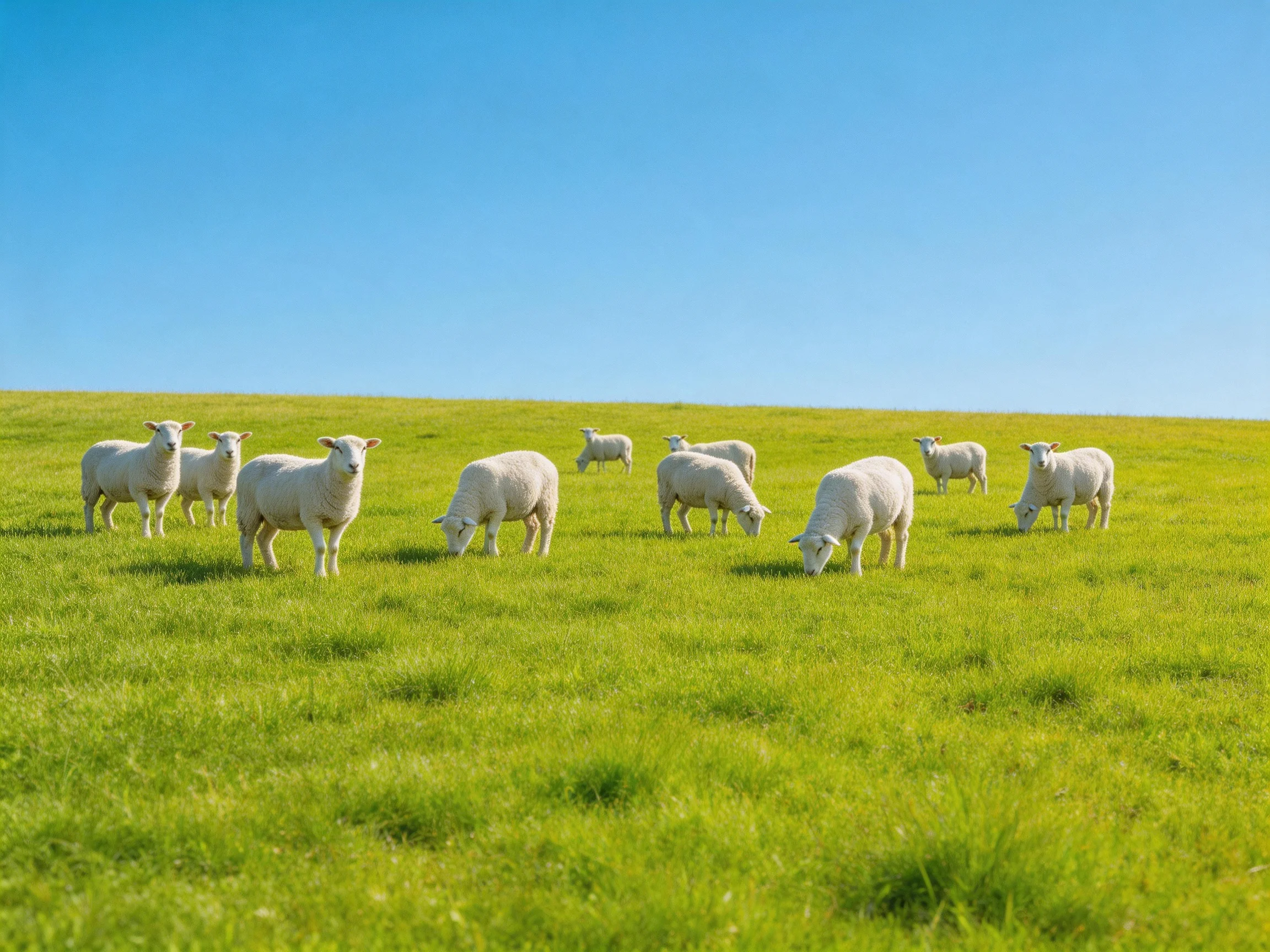 Sheep grazing in a lush green pasture under bright blue sky