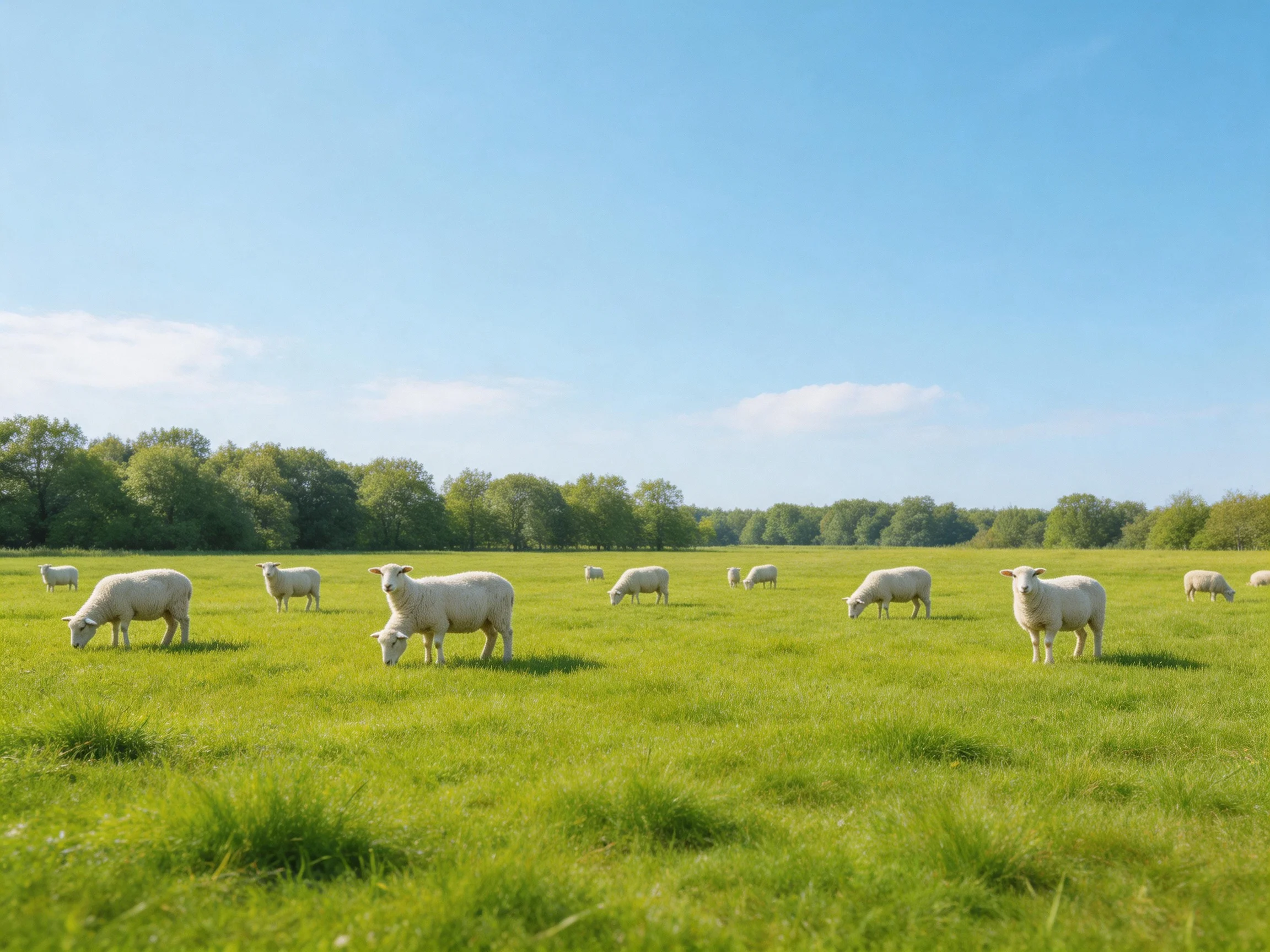 Sheep grazing in a lush green pasture under bright blue sky