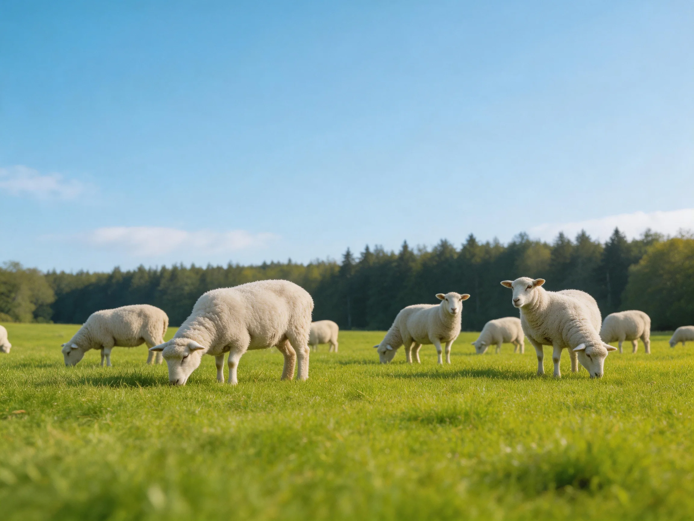 Sheep grazing in a lush green pasture under clear blue skies