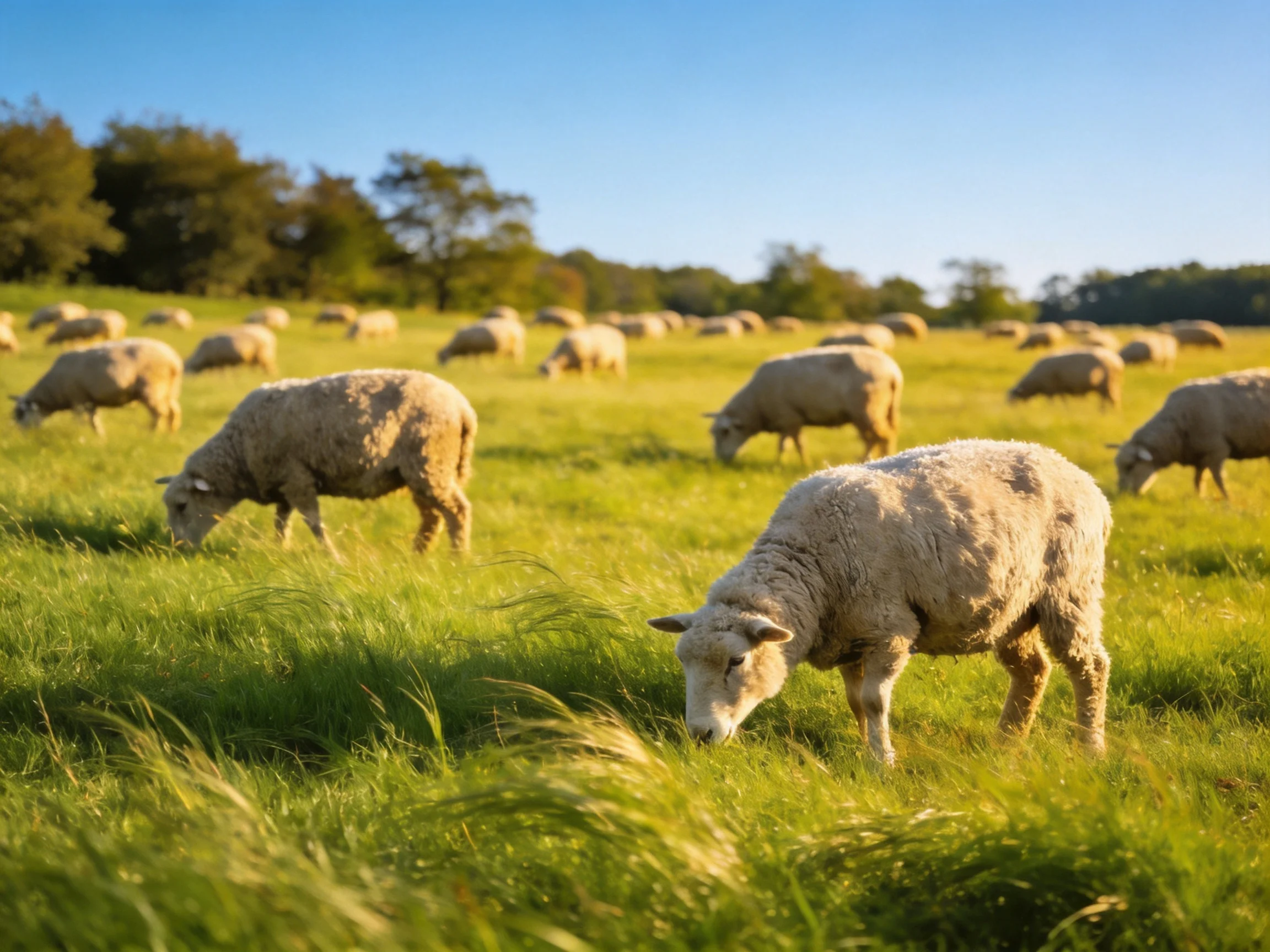 Sheep grazing in a lush green pasture under clear blue sky