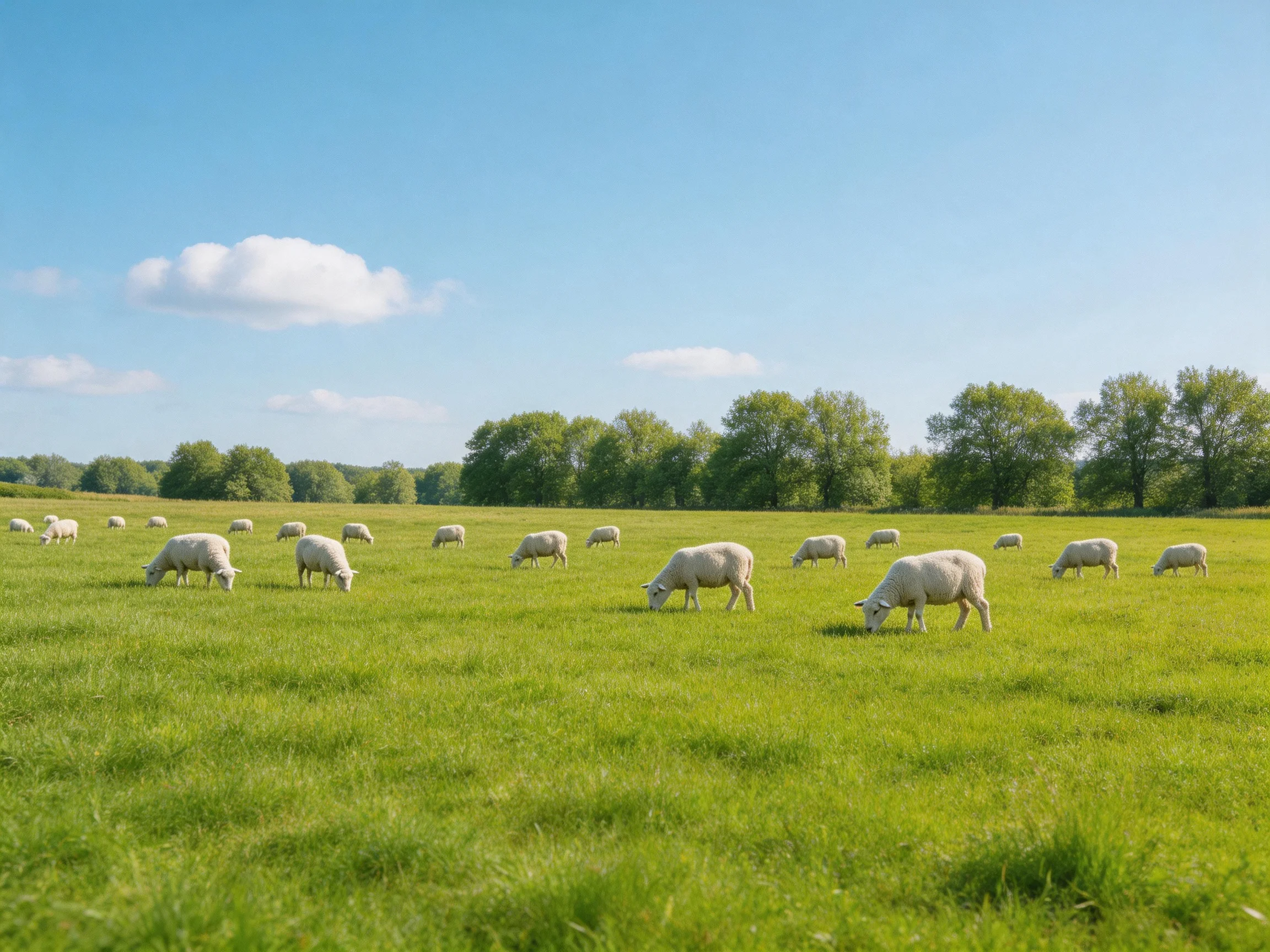 Sheep grazing in a lush green pasture under clear blue sky