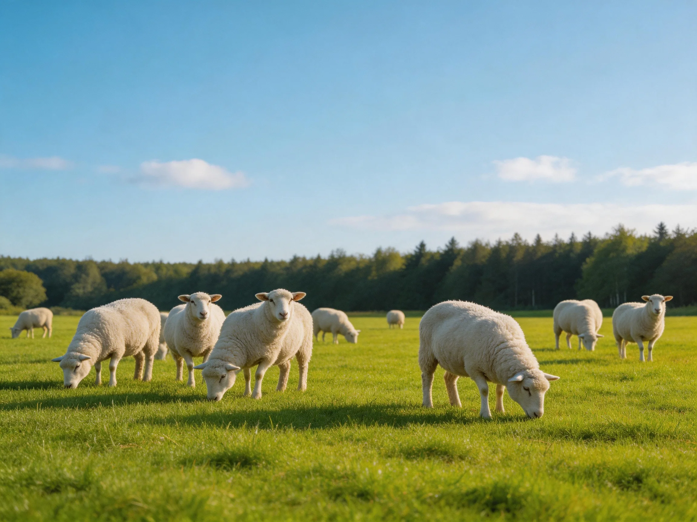 Sheep grazing in a lush green pasture under clear blue sky