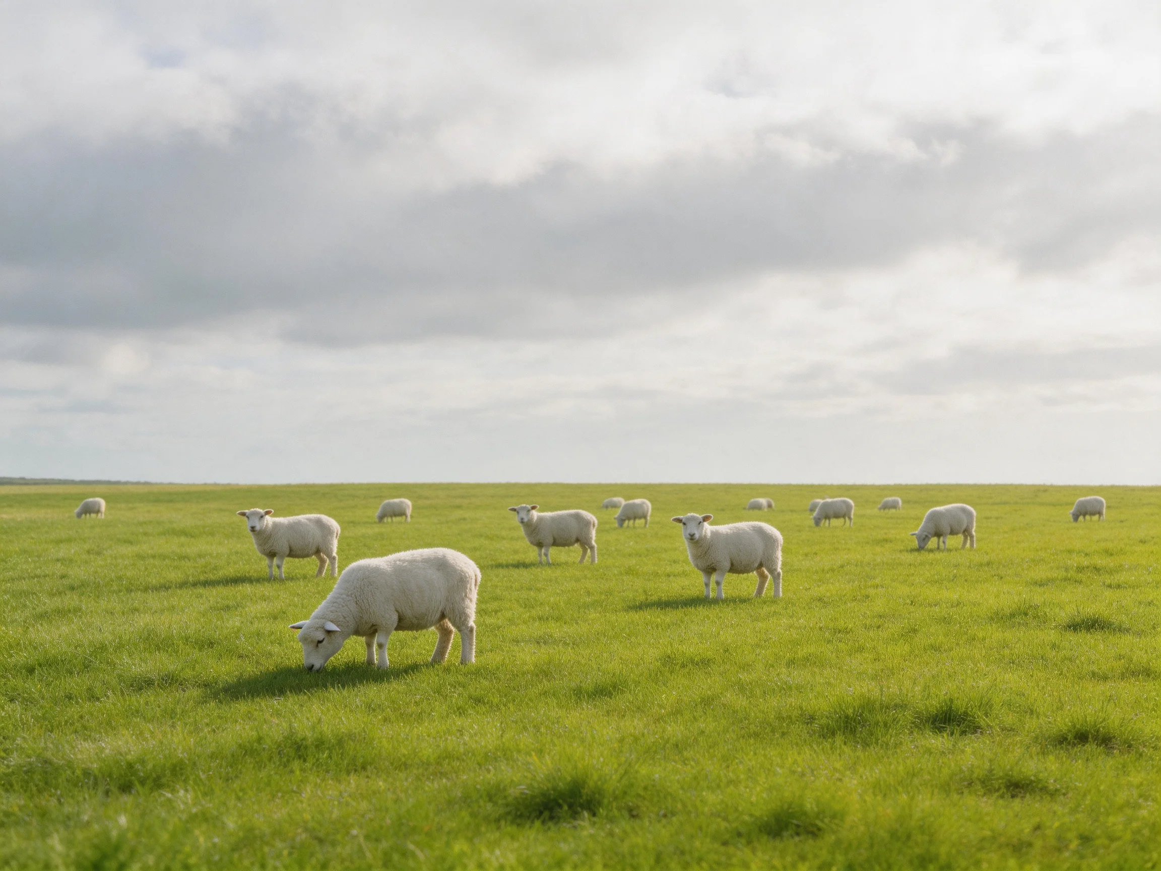 Sheep grazing in a lush green pasture under cloudy skies