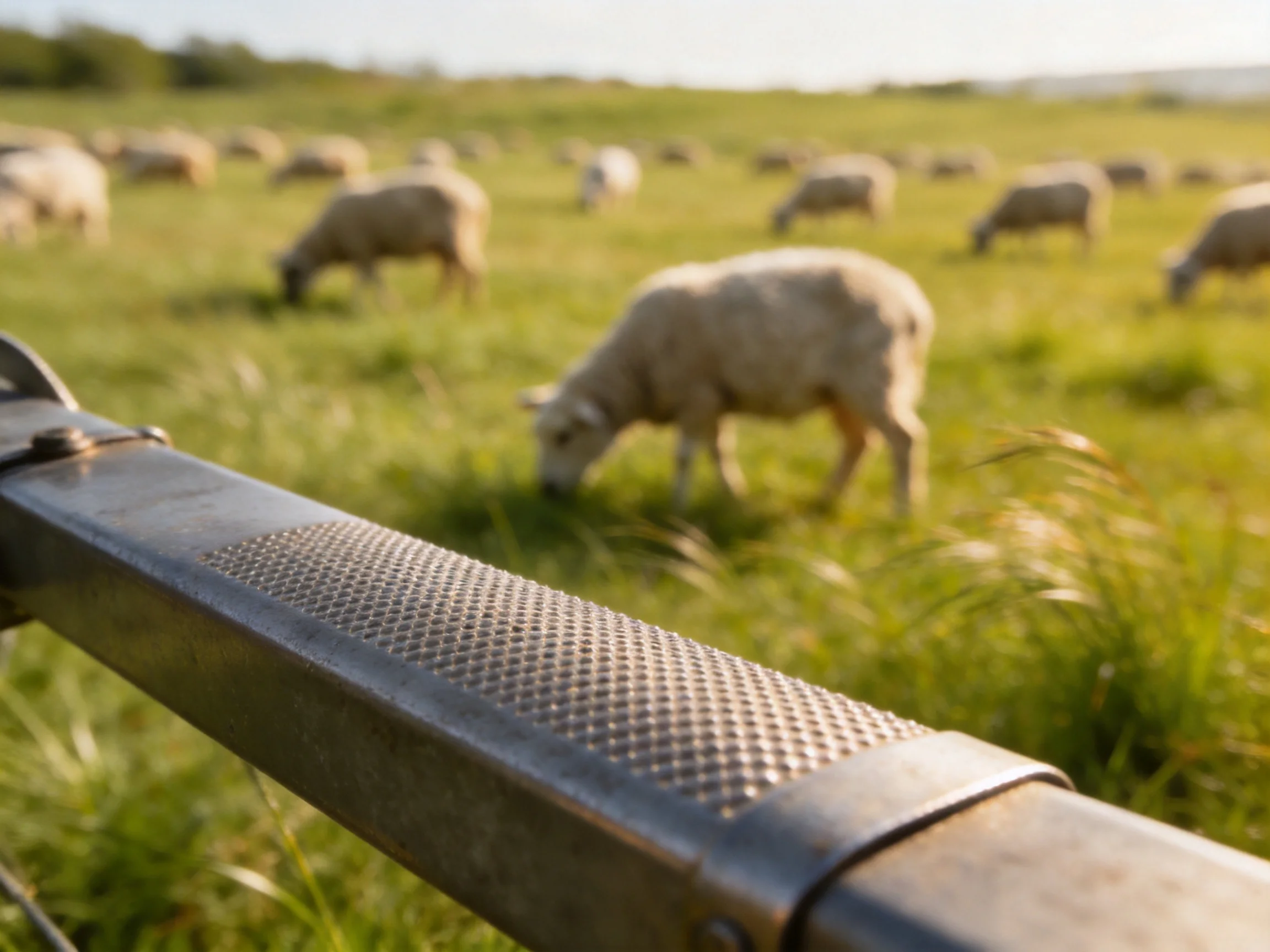 Sheep grazing in a lush green pasture with a metallic fence nearby
