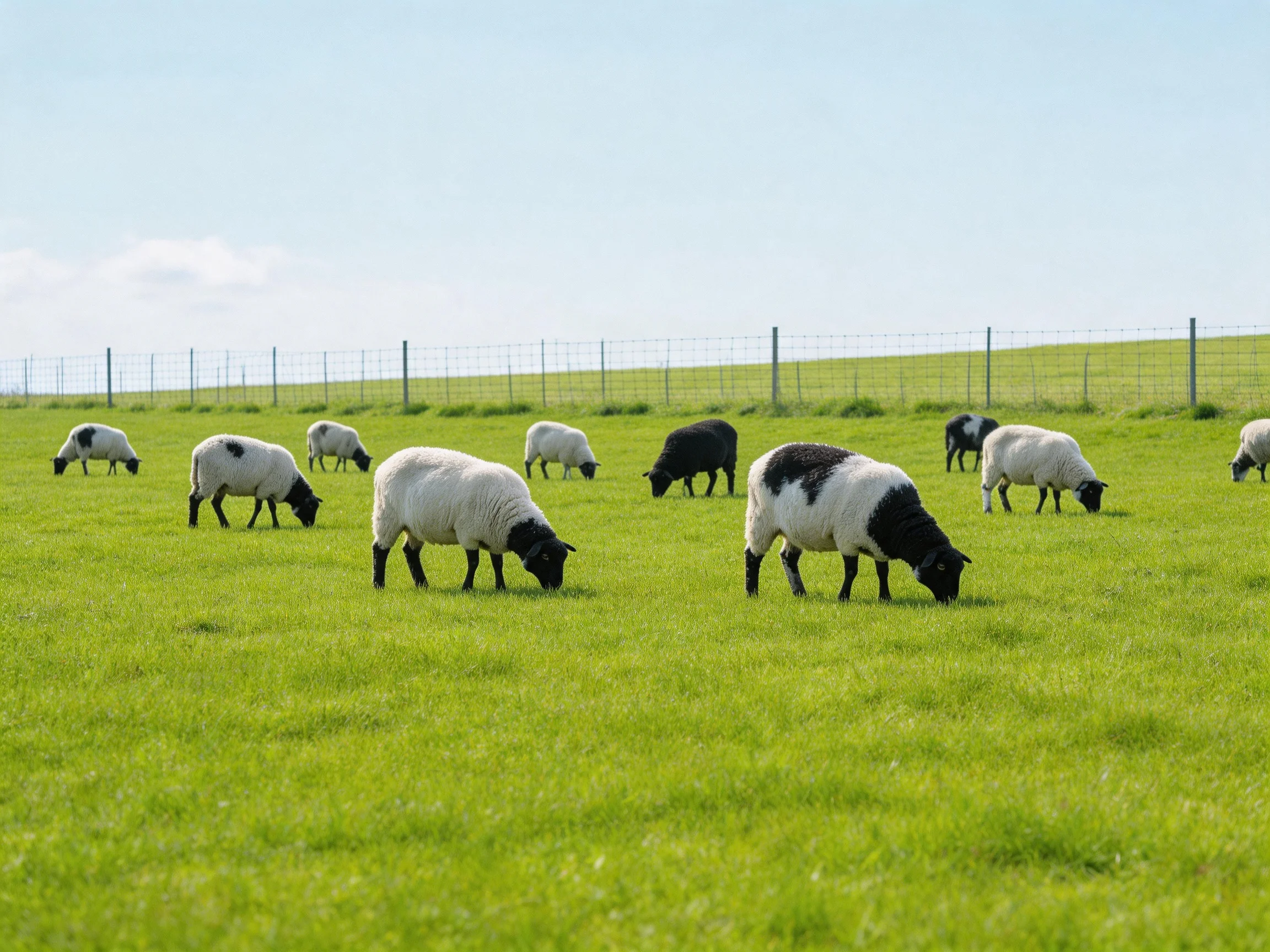 Sheep grazing in a lush green pasture with black and white coats