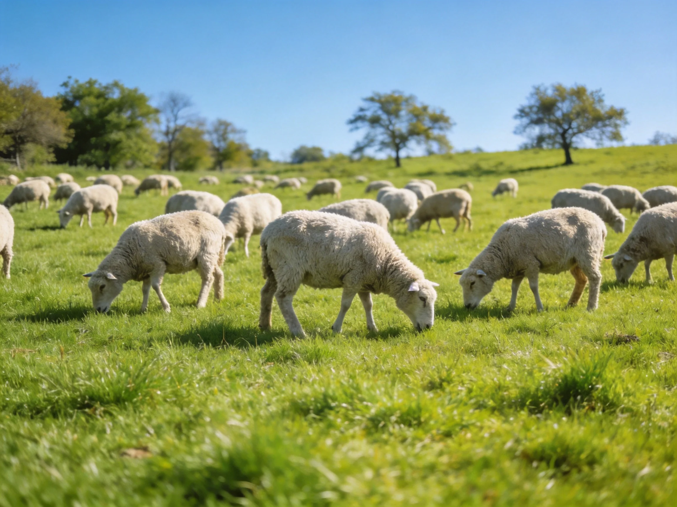 Sheep grazing in a lush green pasture with scattered trees