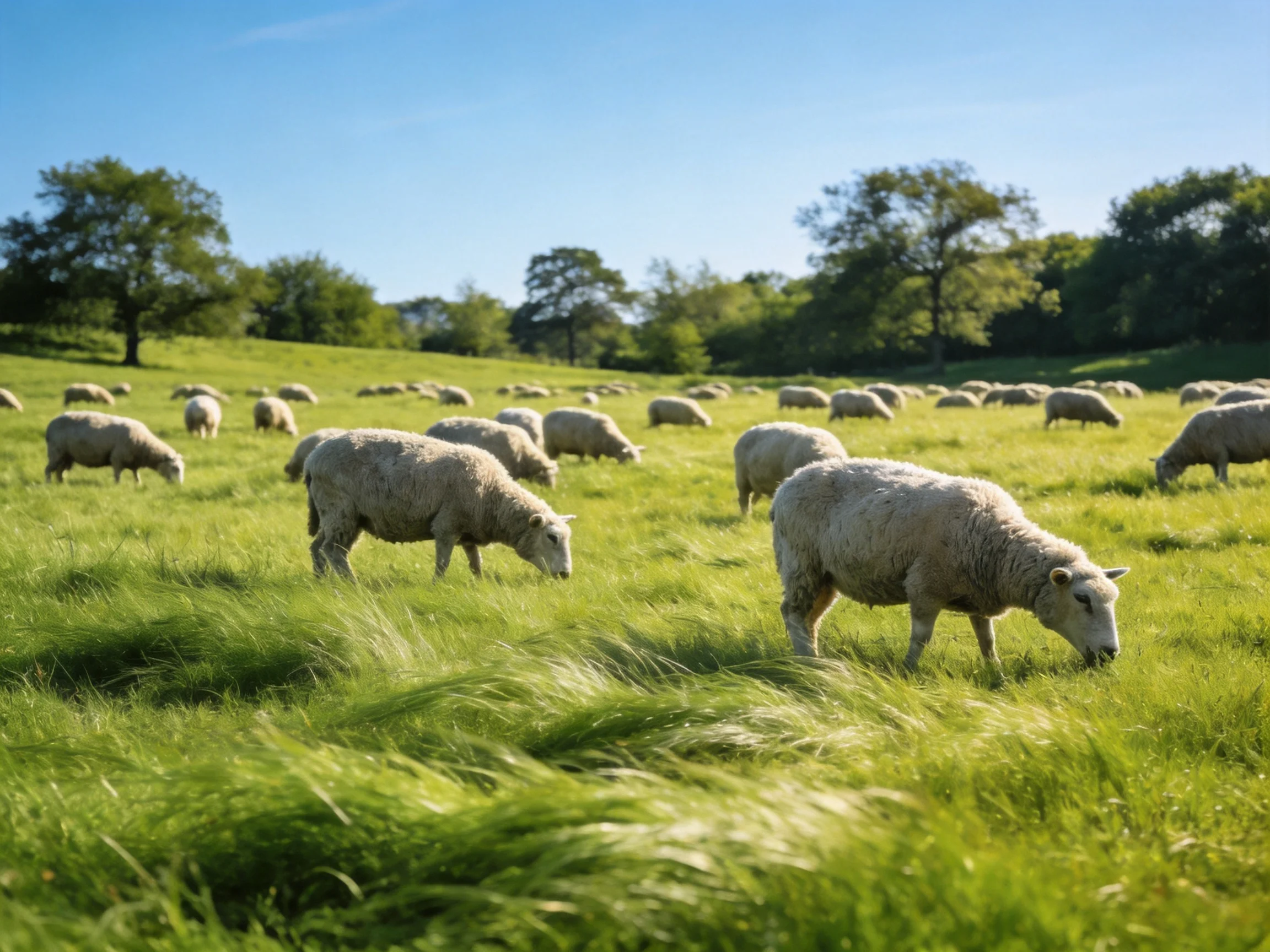 Sheep grazing in a lush green pasture with scattered trees