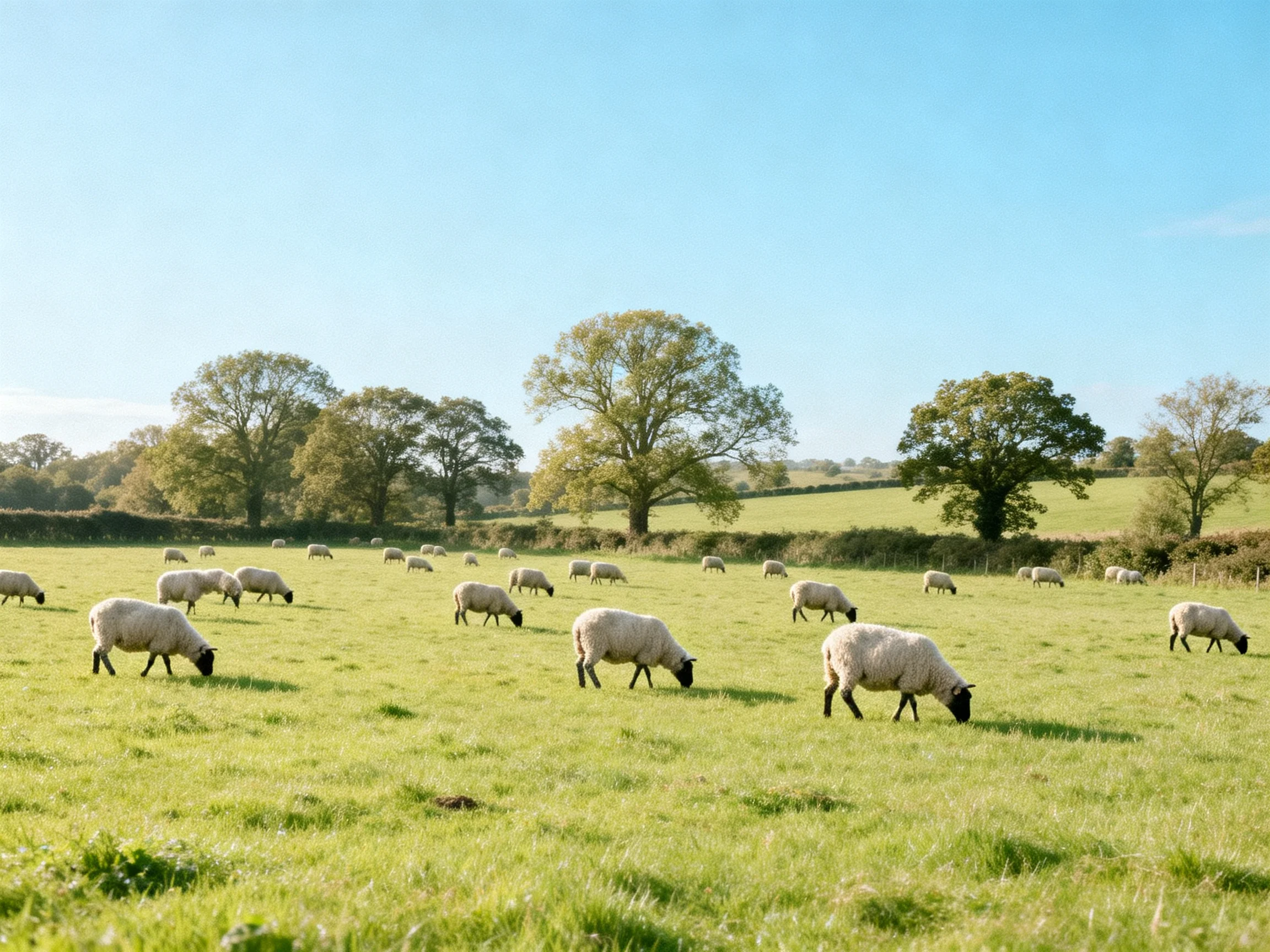 Sheep grazing in a lush green pasture with tall trees