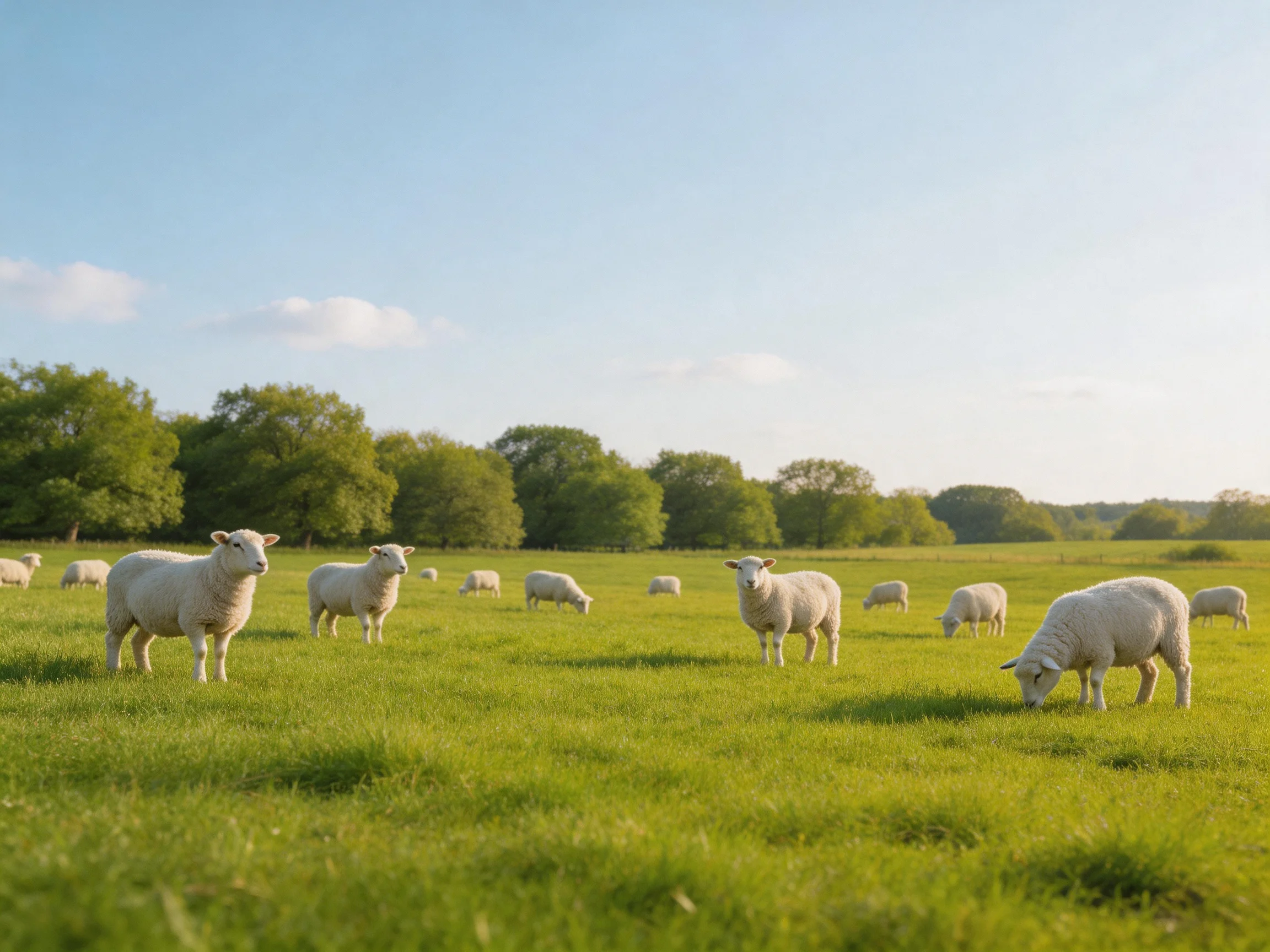 Sheep grazing in a lush green pasture with trees under clear sky