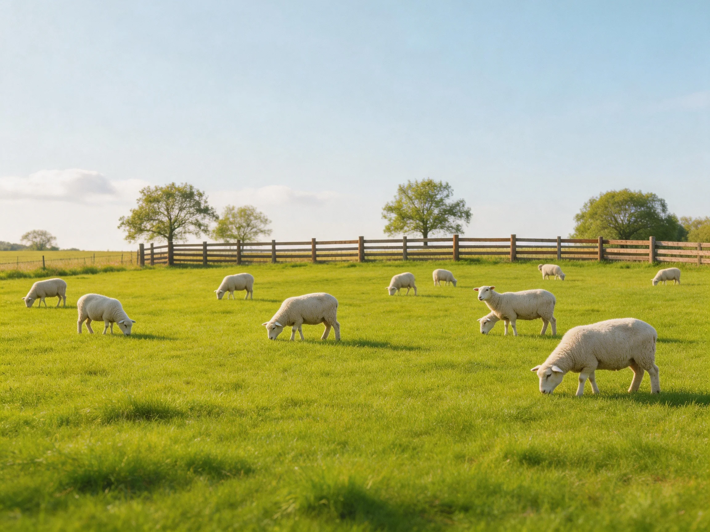 Sheep grazing in a lush green pasture with wooden fence