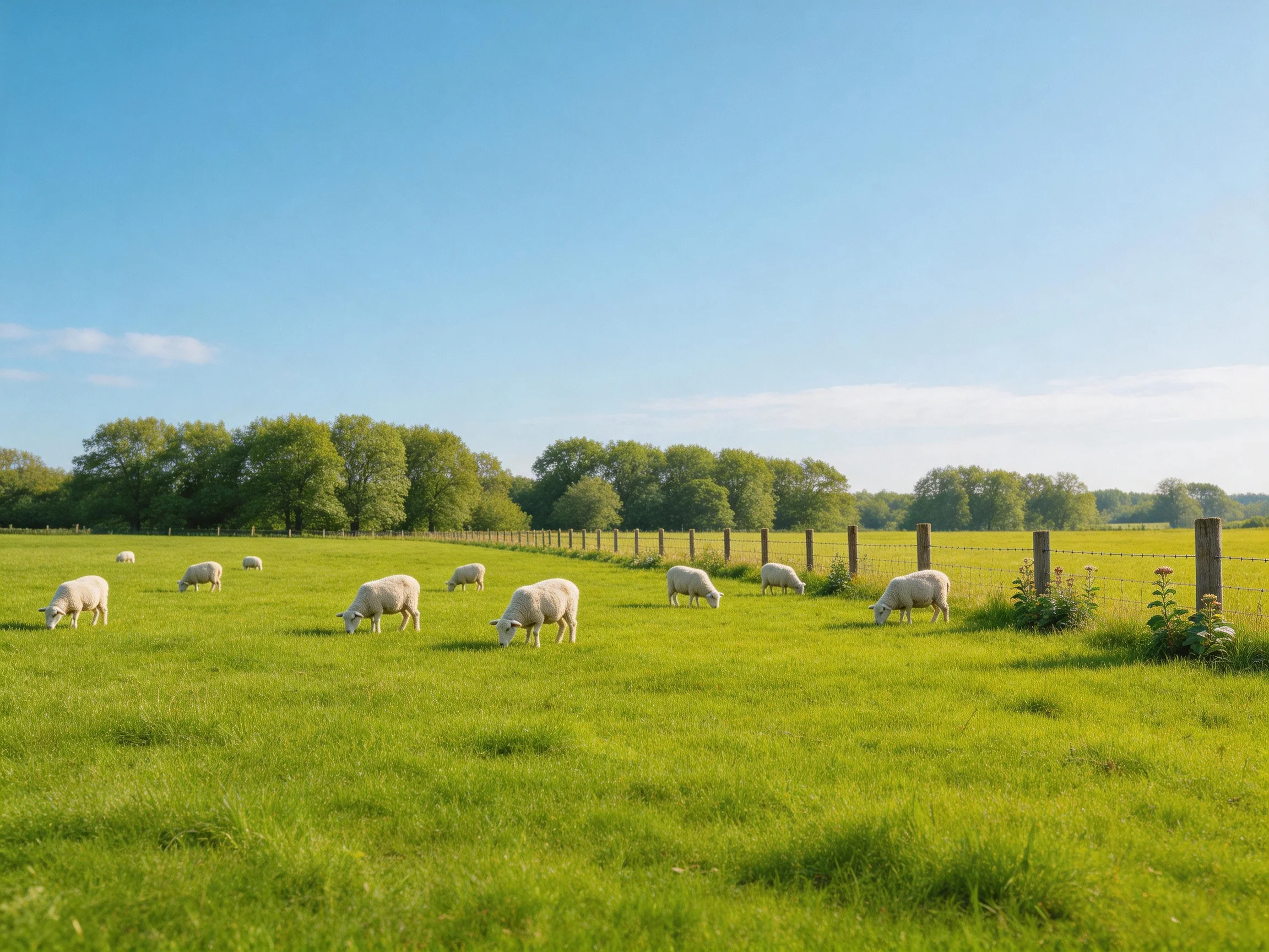Sheep grazing in a lush green pasture with wooden fence
