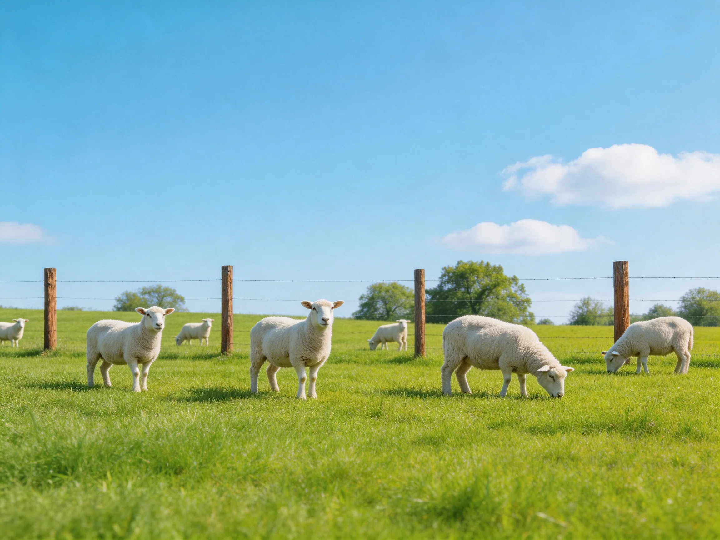 Sheep grazing in a lush green pasture with wooden fence posts
