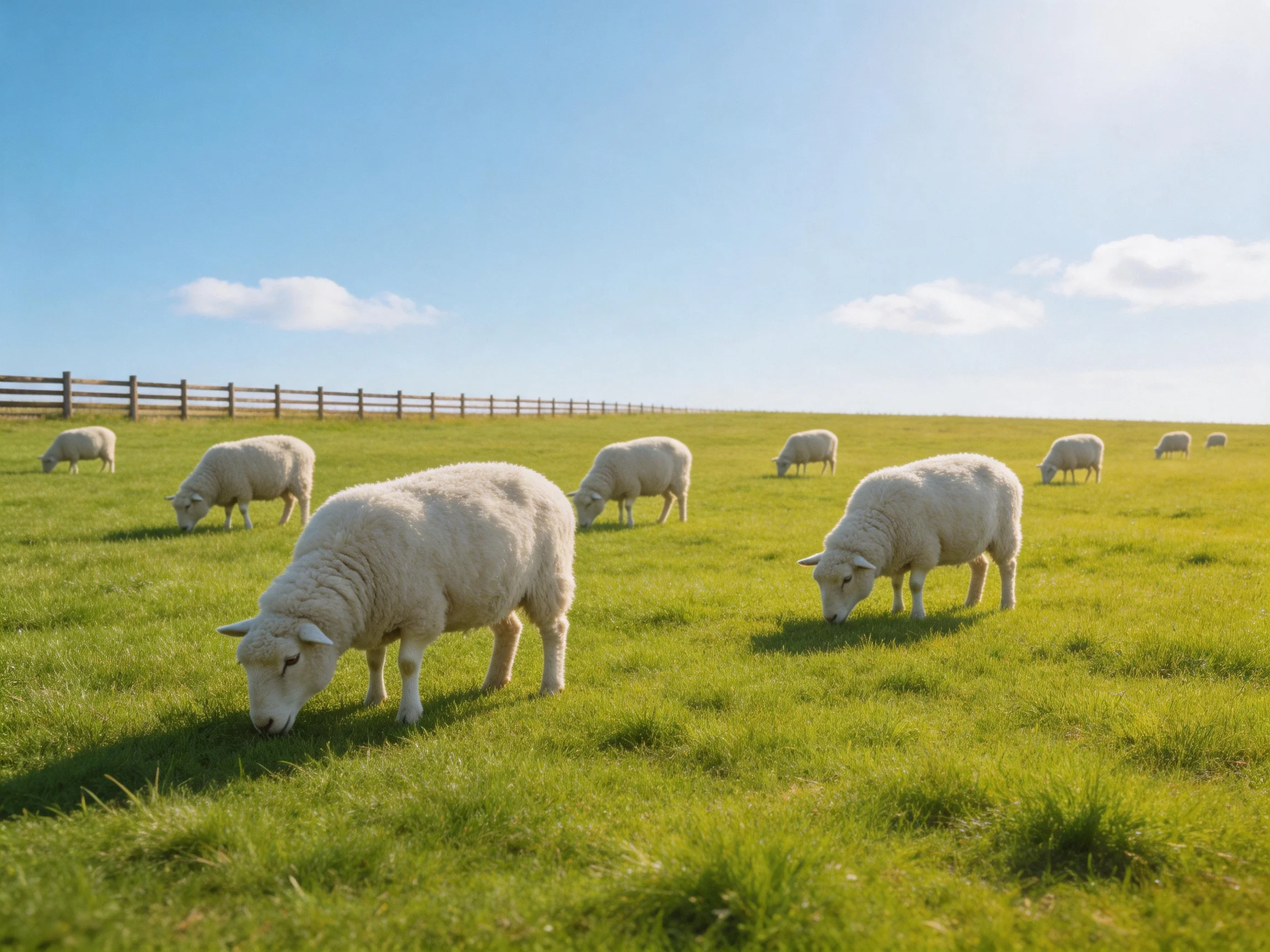 Sheep grazing in a lush green pasture with wooden fence under clear blue sky