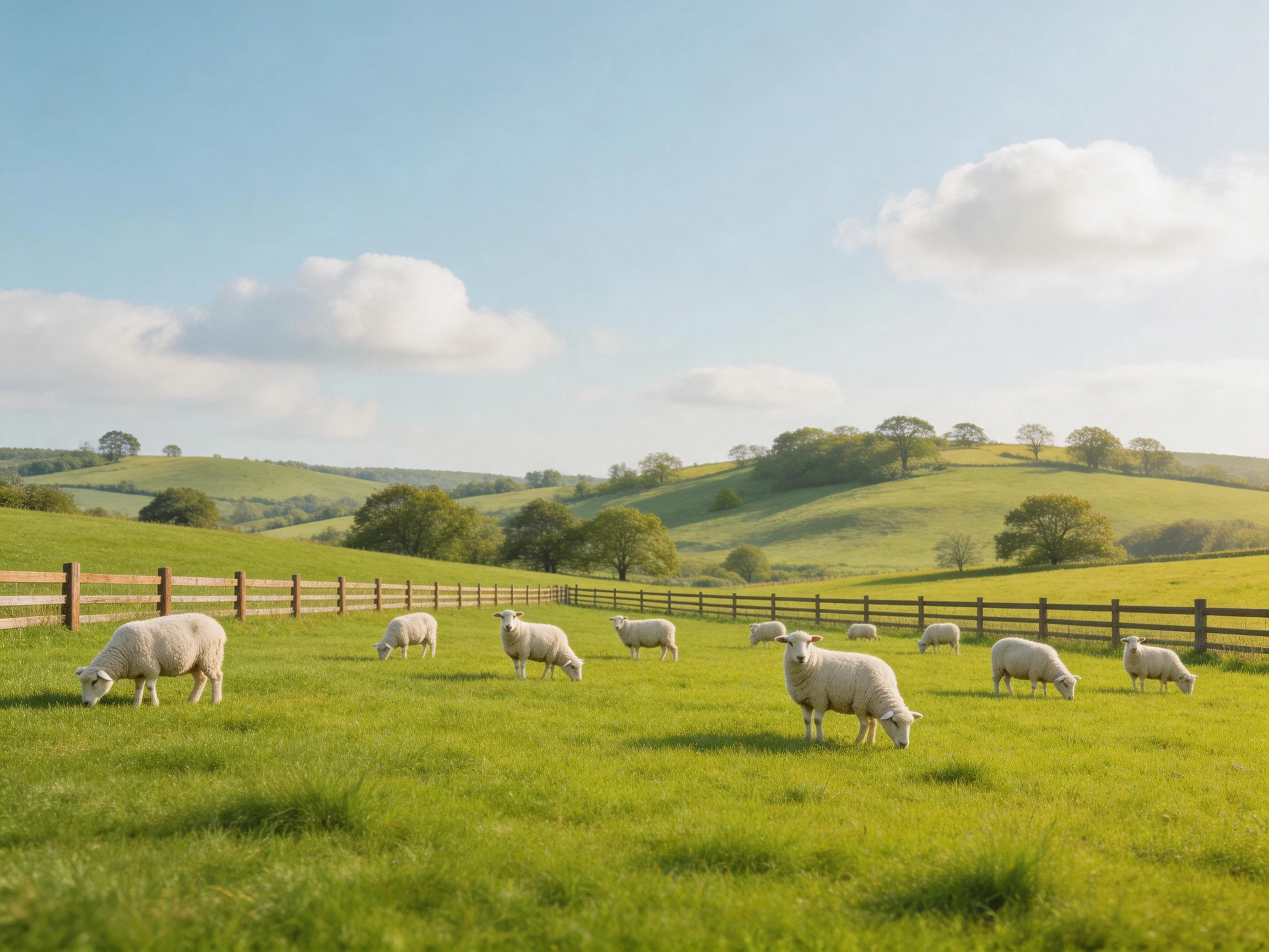 Sheep grazing in a lush green pasture with wooden fences and rolling hills