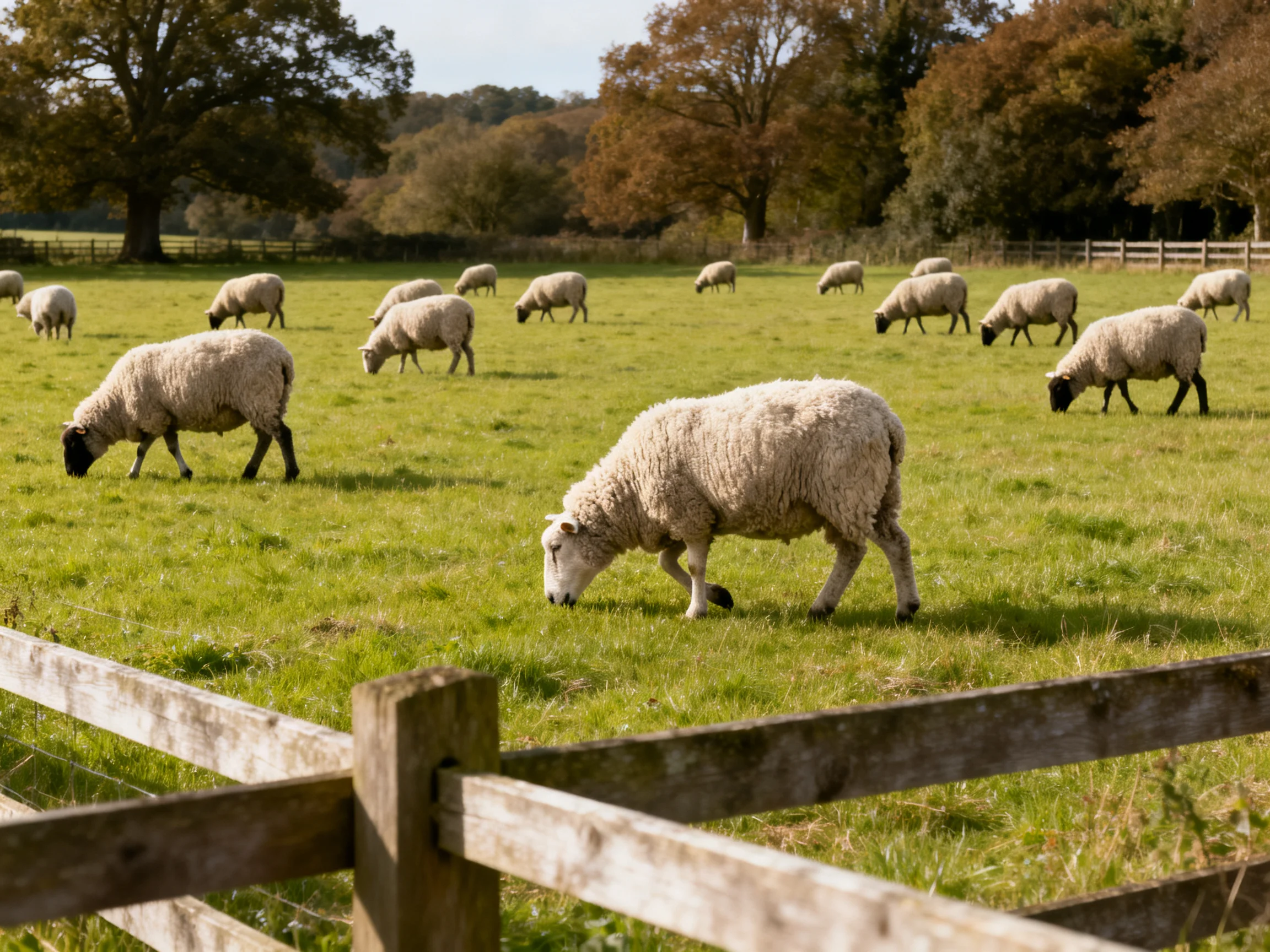 Sheep grazing in a lush green pasture with wooden fences