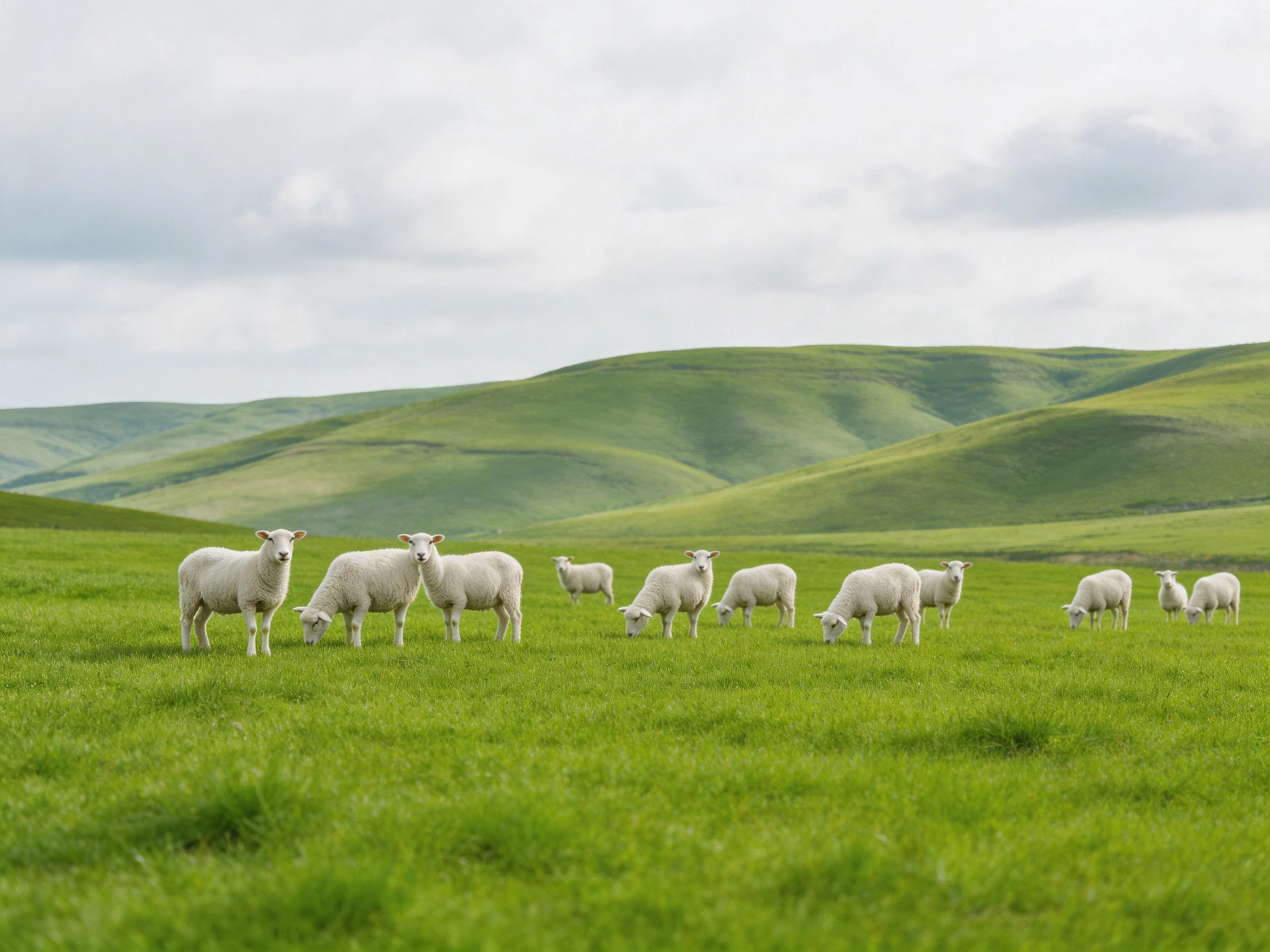 Sheep grazing in a lush green rolling hill landscape