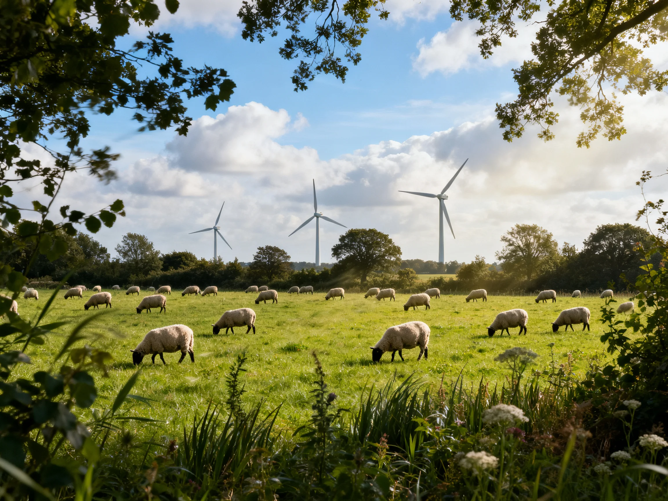 Sheep grazing in a lush meadow near three wind turbines