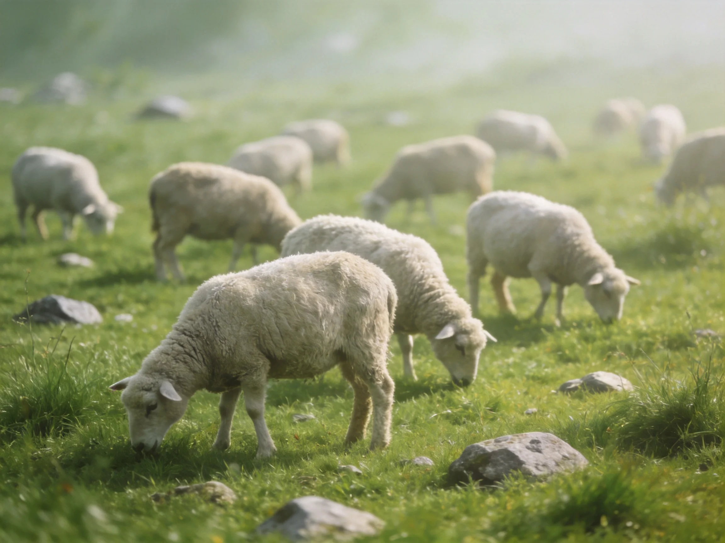 Sheep grazing in a misty green pasture with scattered rocks
