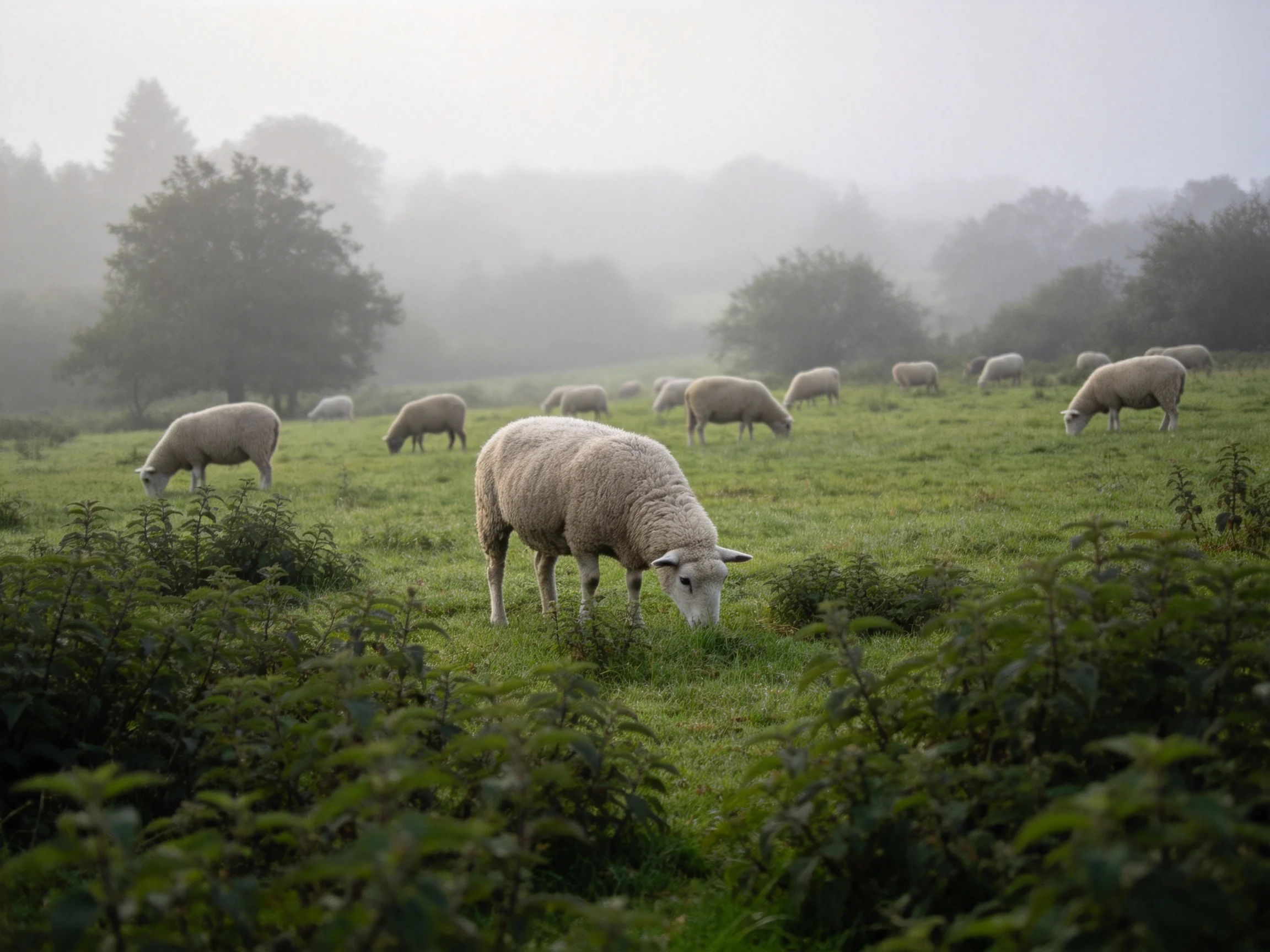 Sheep grazing in a misty green pasture with scattered trees
