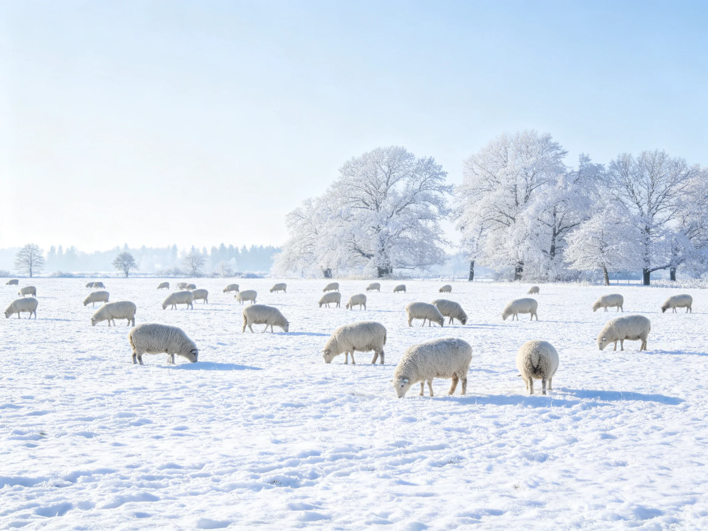 Sheep grazing in a snow-covered field with frost-laden trees