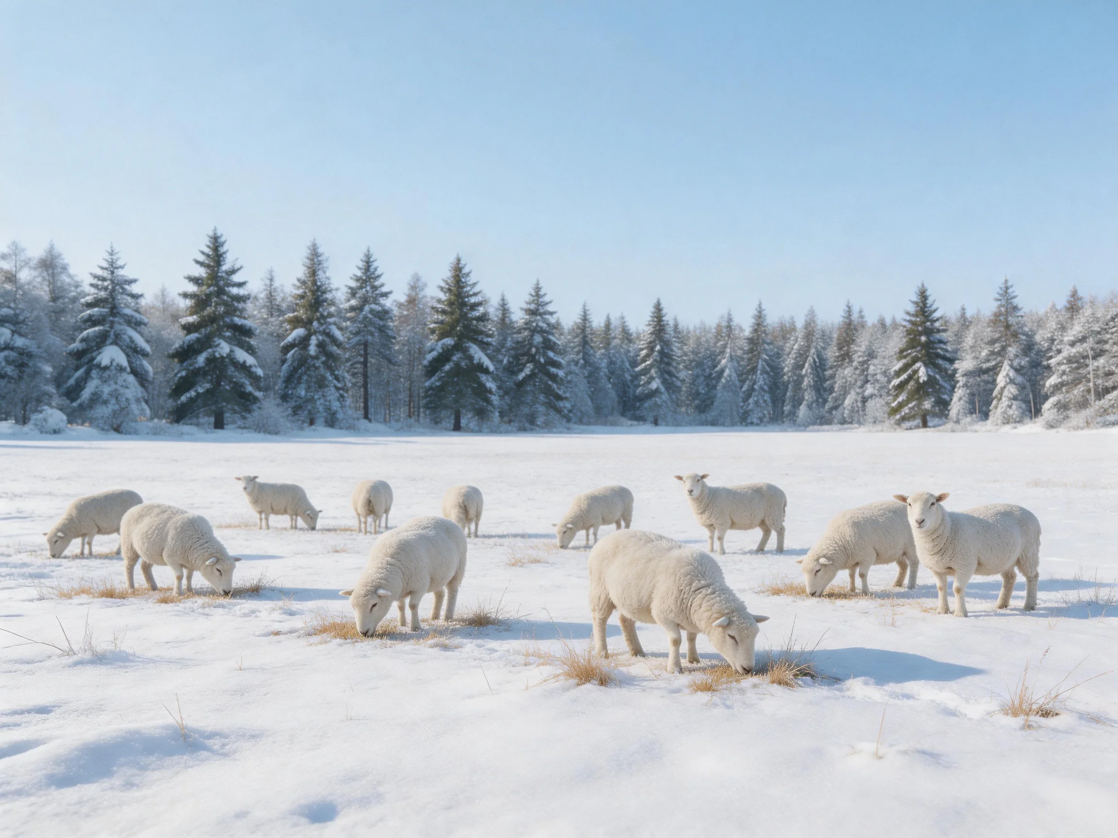 Sheep grazing in a snow-covered field with snow-laden evergreens