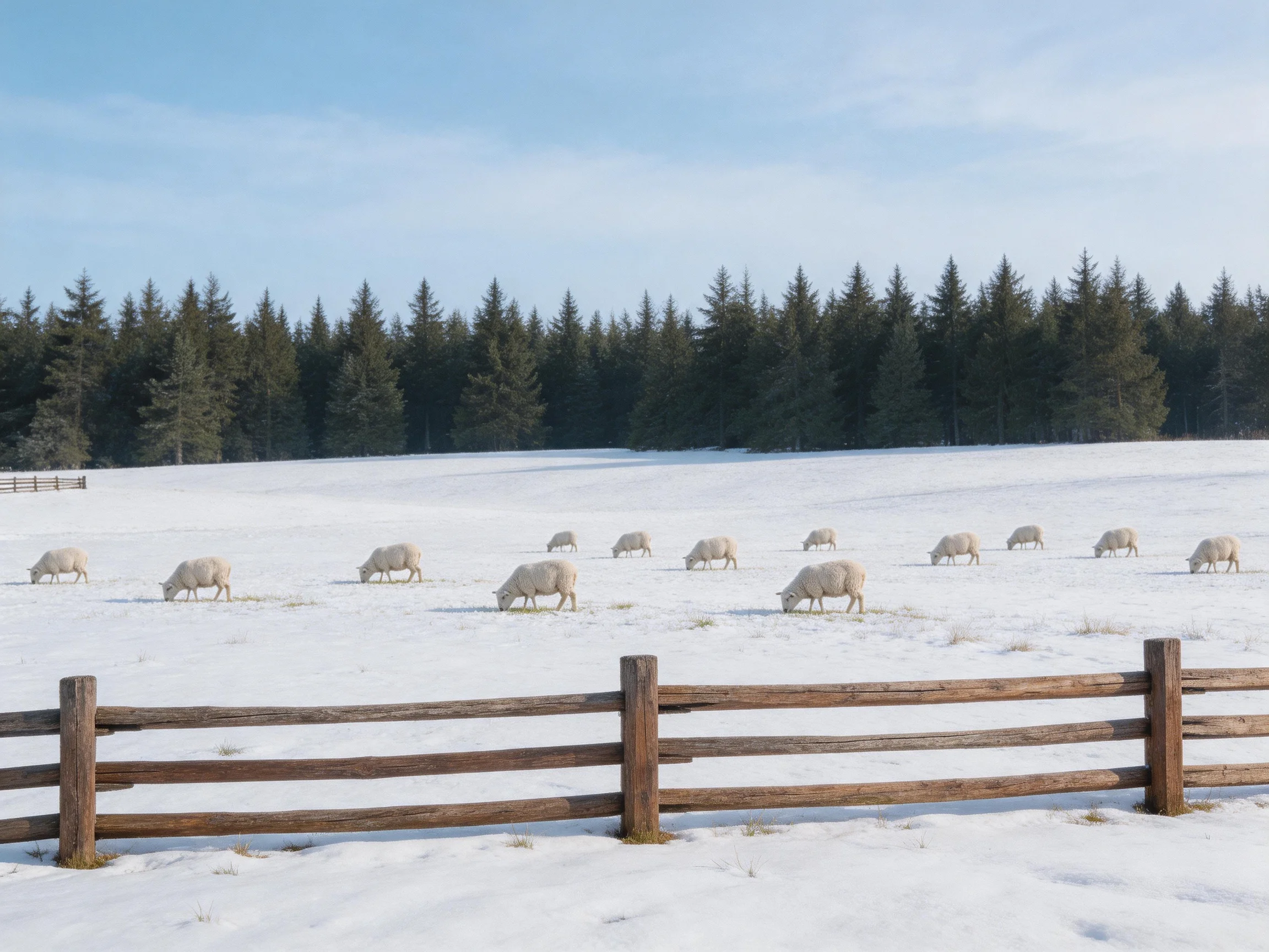 Sheep grazing in a snow-covered field with wooden fence and pine forest