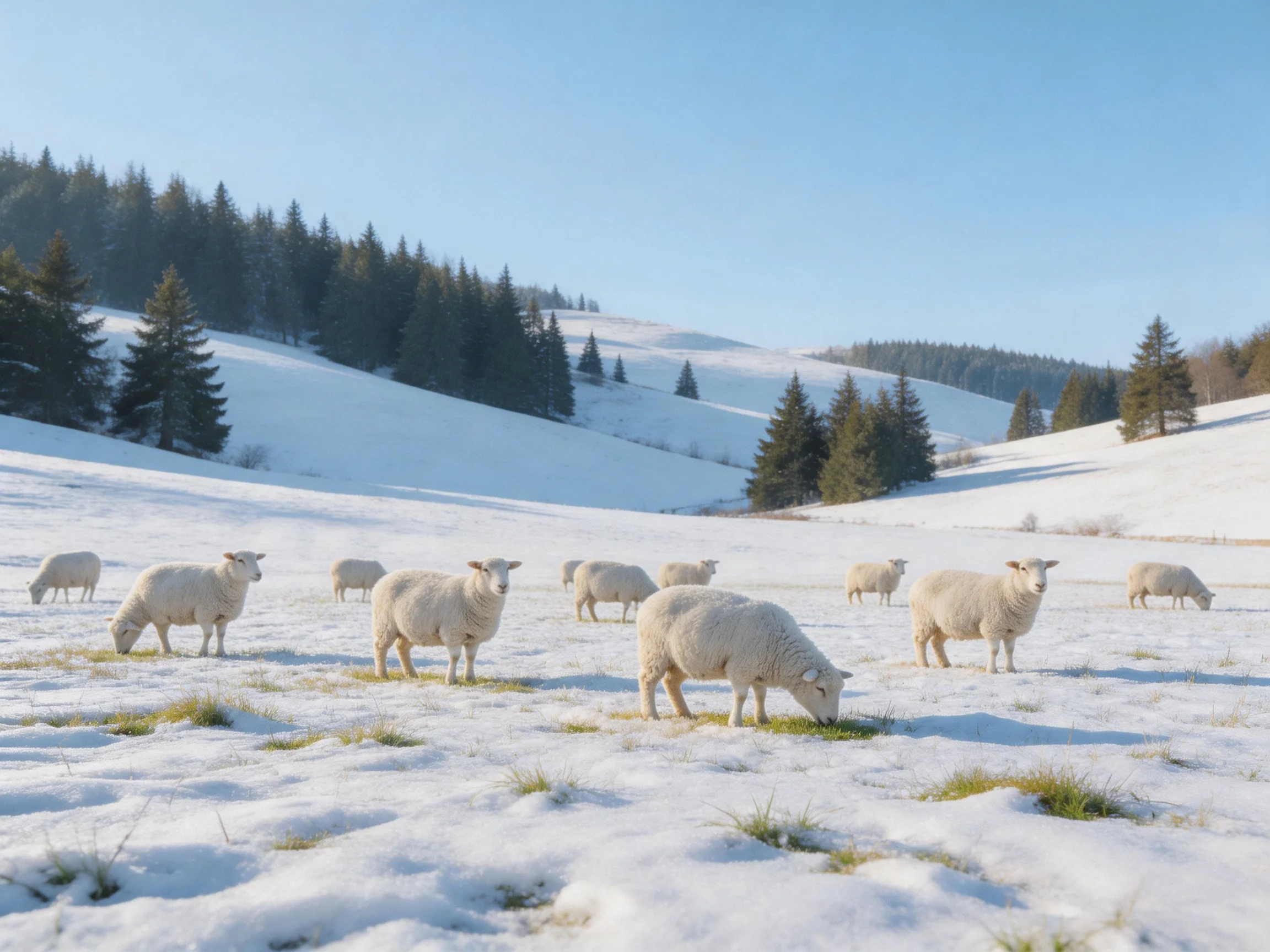 Sheep grazing in a snow-dusted meadow near evergreen forests