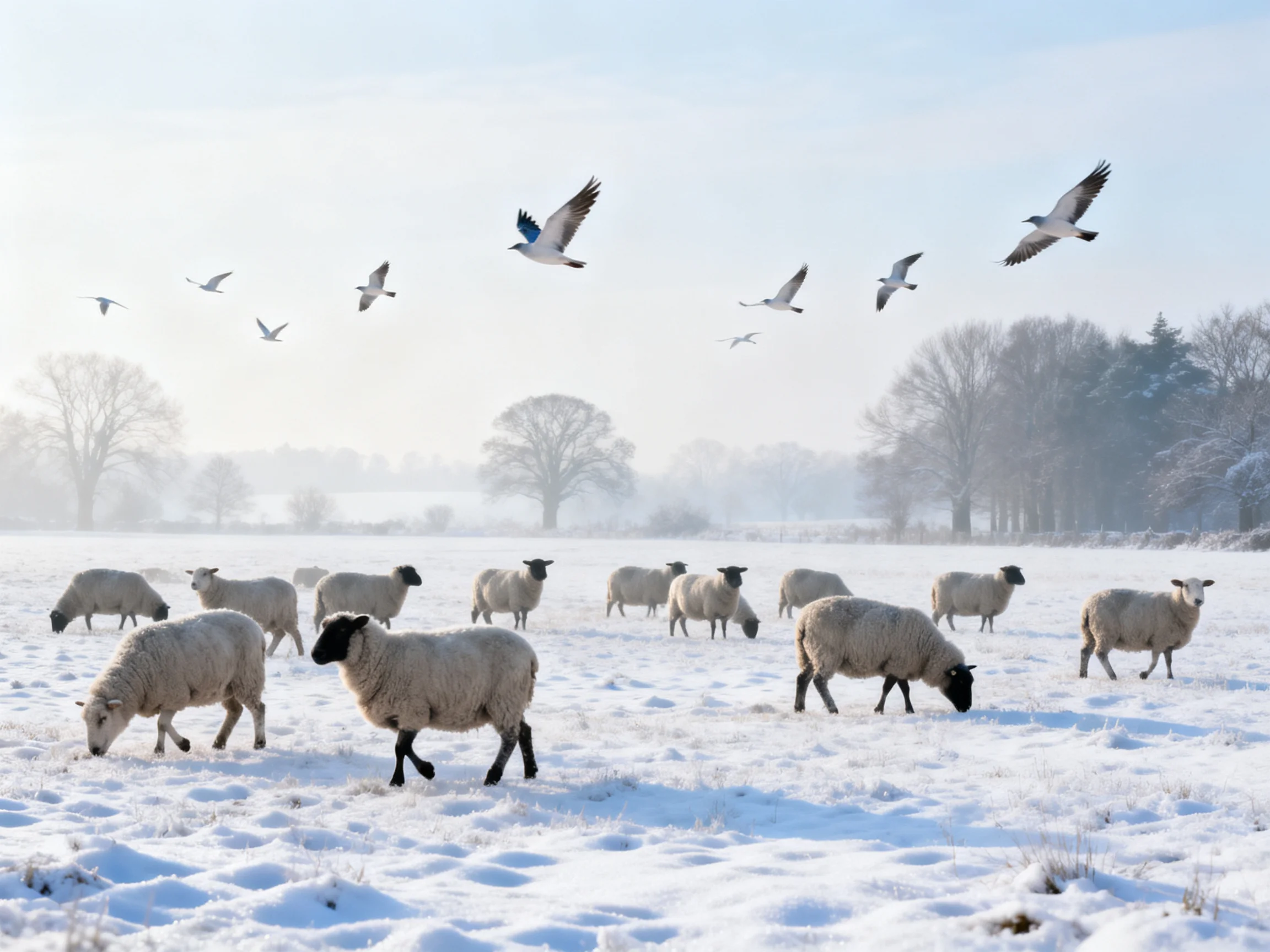 Sheep grazing in a snowy field with birds flying overhead.
