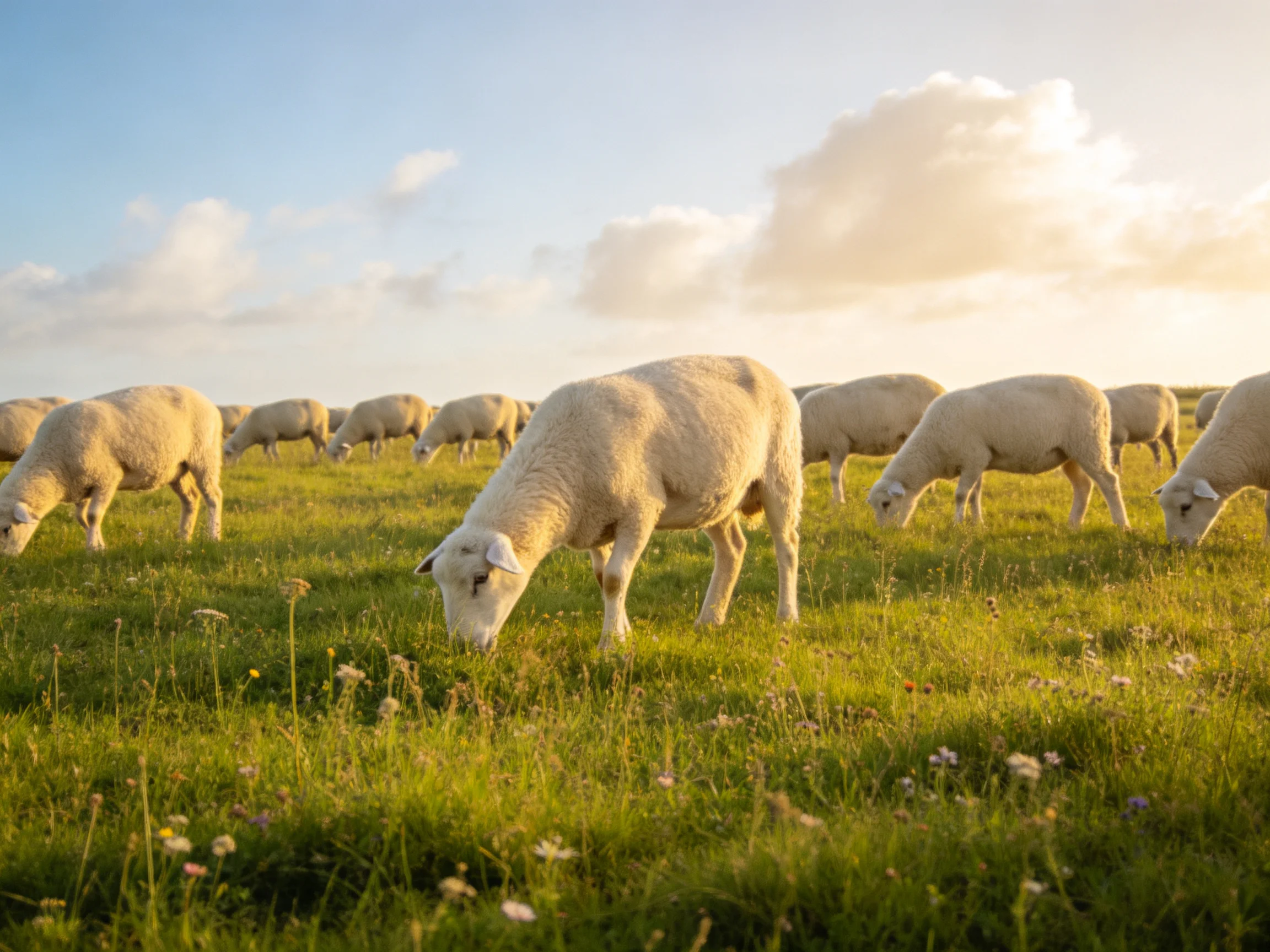 Sheep grazing in a sun-drenched green pasture