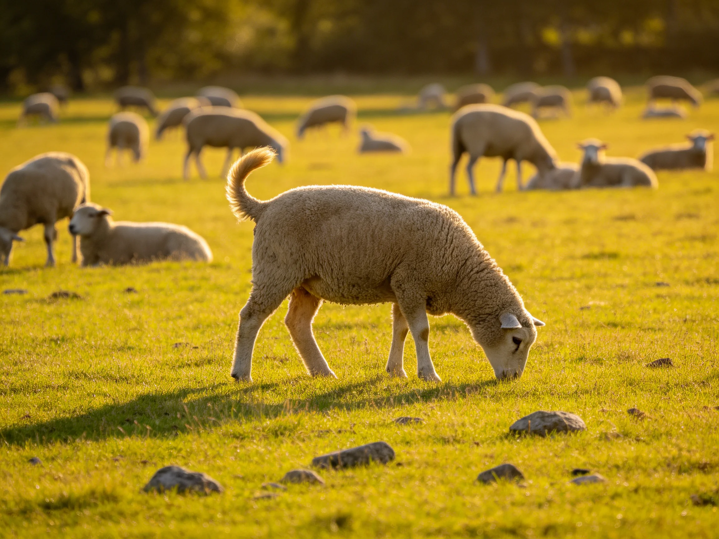 Sheep grazing in a sun-drenched green pasture