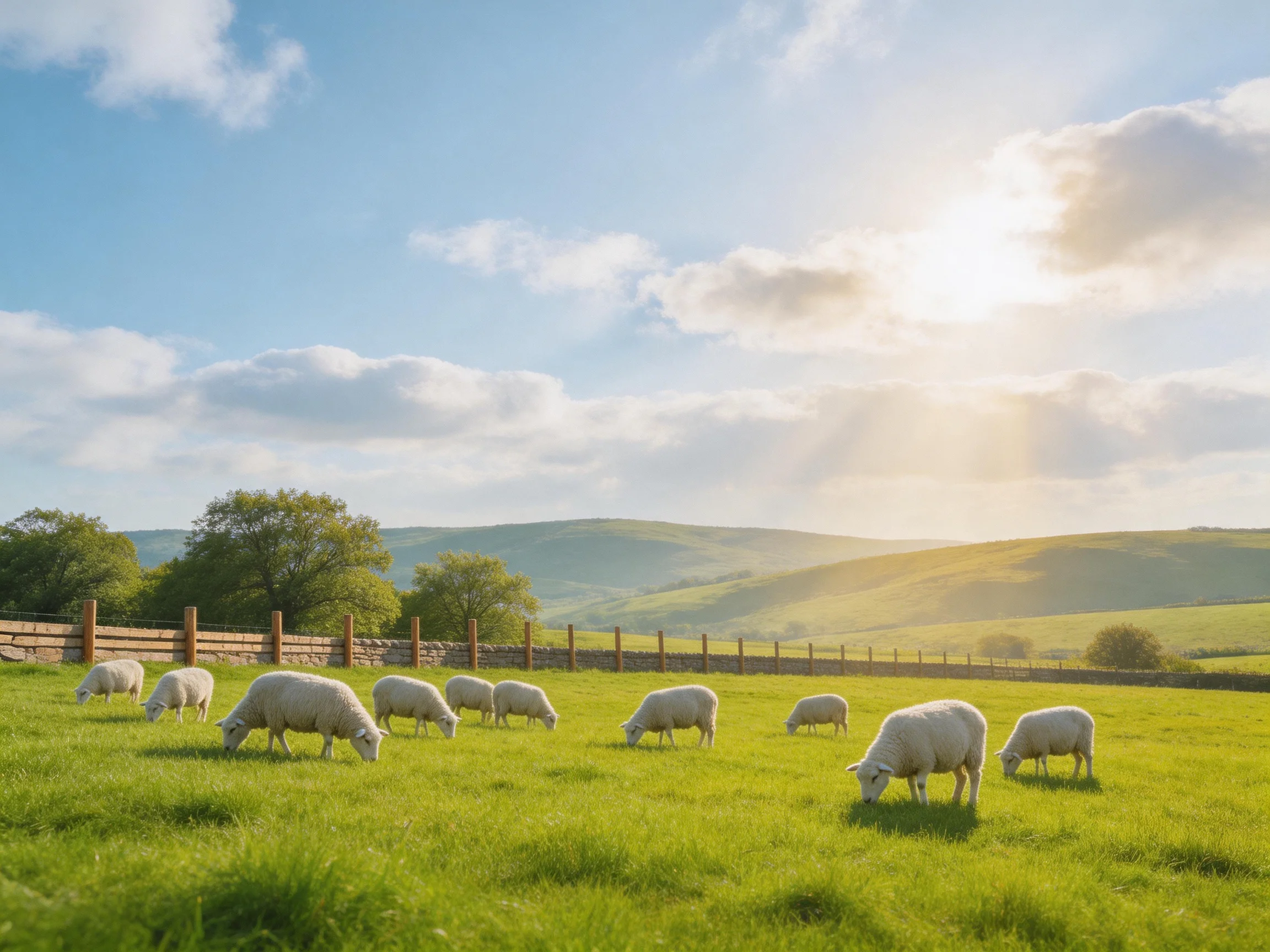 Sheep grazing in a sun-drenched green pasture with rolling hills