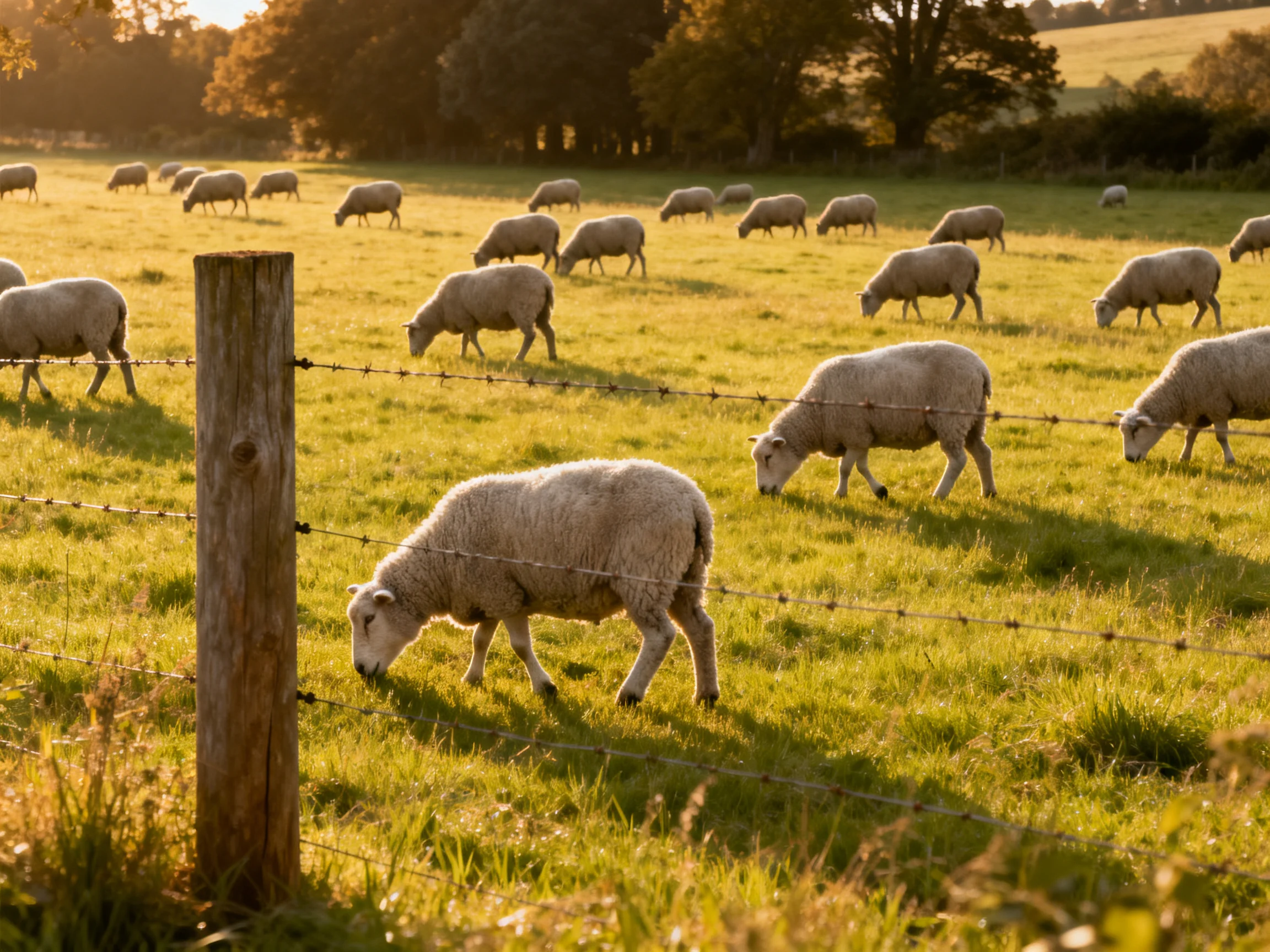 Sheep grazing in a sunlit, fenced green pasture