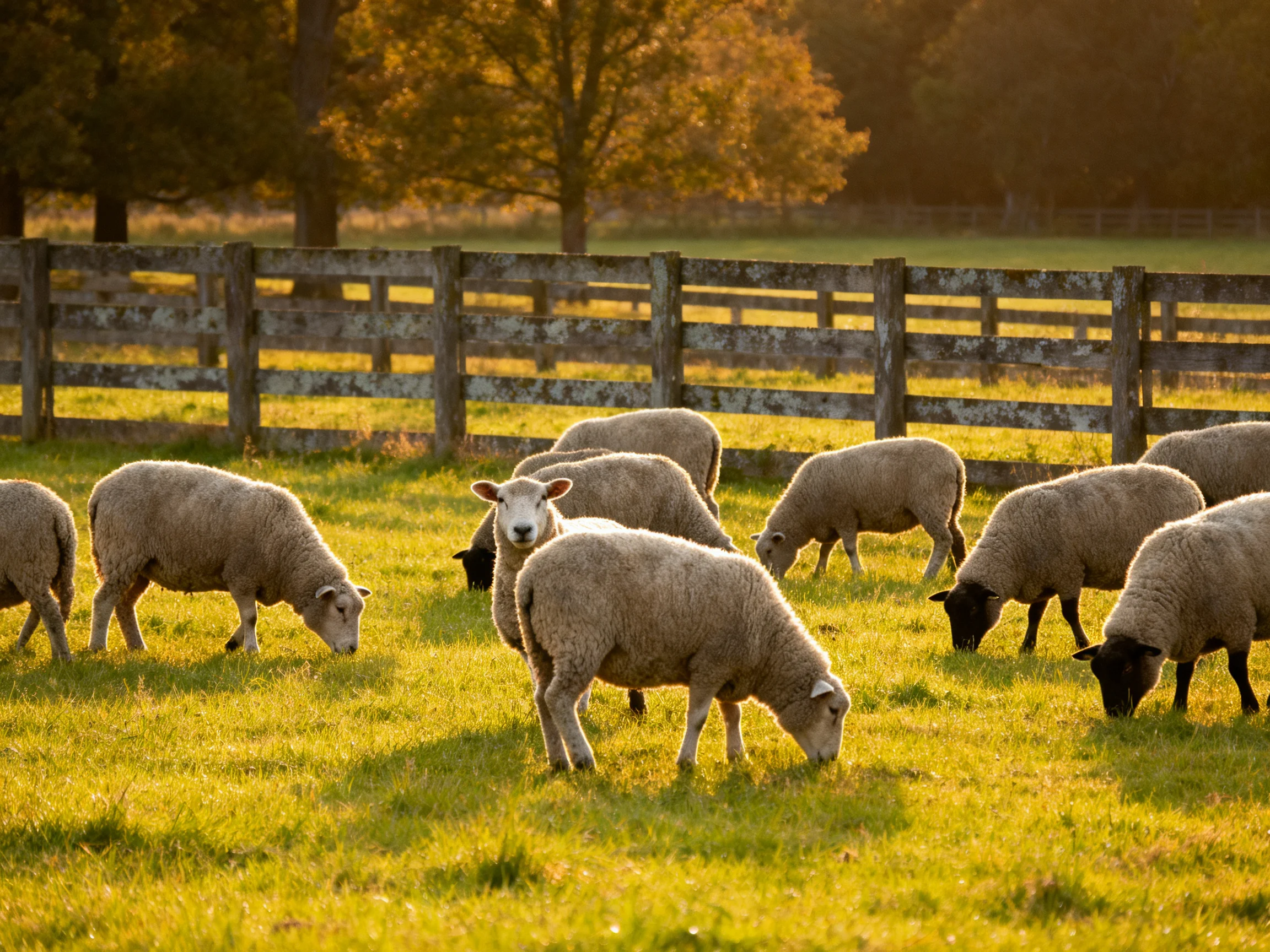 Sheep grazing in a sunlit fenced pasture with golden-hued trees